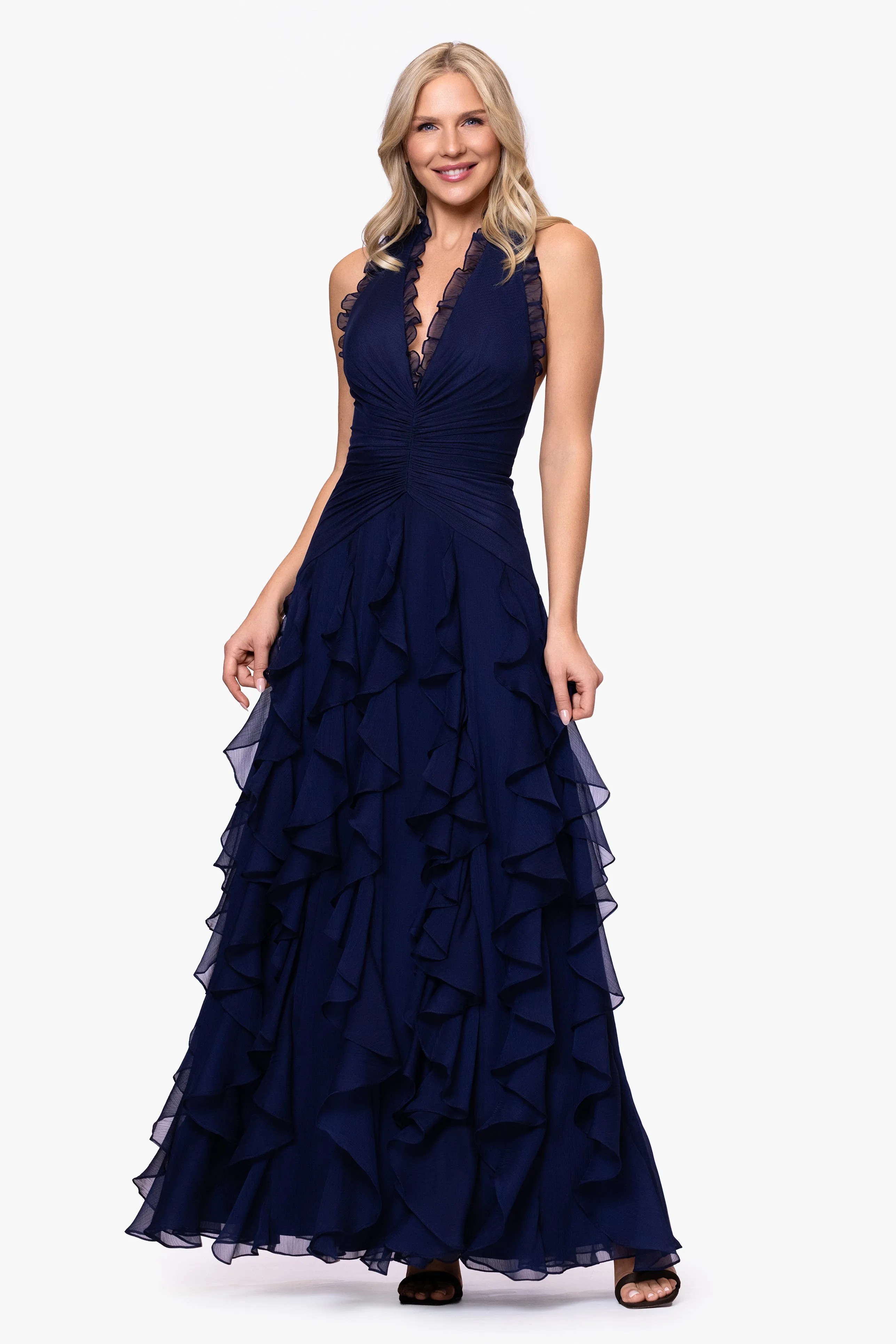 "Noor" Sheer Matte Jersey V-Neck Corkscrew Skirt Floor Length Dress sold by Betsy & Adam product image thumbnail 5
