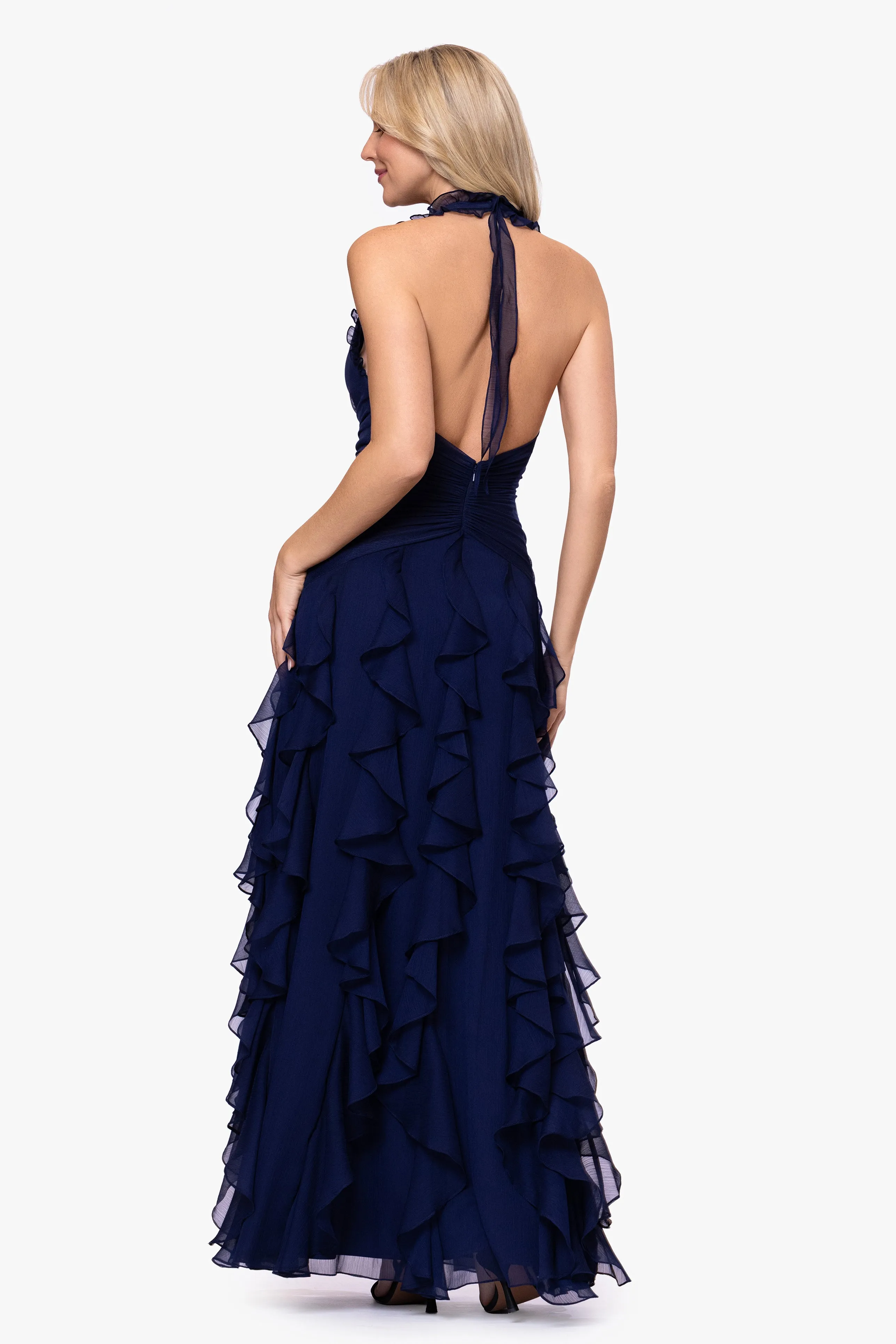 "Noor" Sheer Matte Jersey V-Neck Corkscrew Skirt Floor Length Dress sold by Betsy & Adam product image thumbnail 3