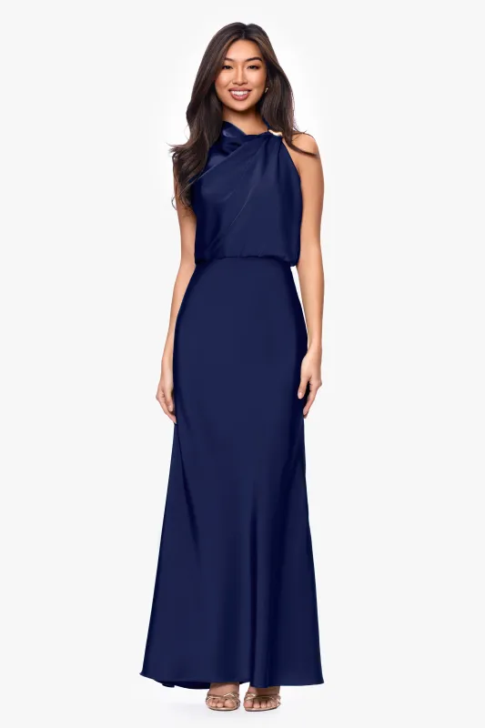 Petite "Colette" Satin Rouched Trim Floor Length Dress sold by Betsy & Adam