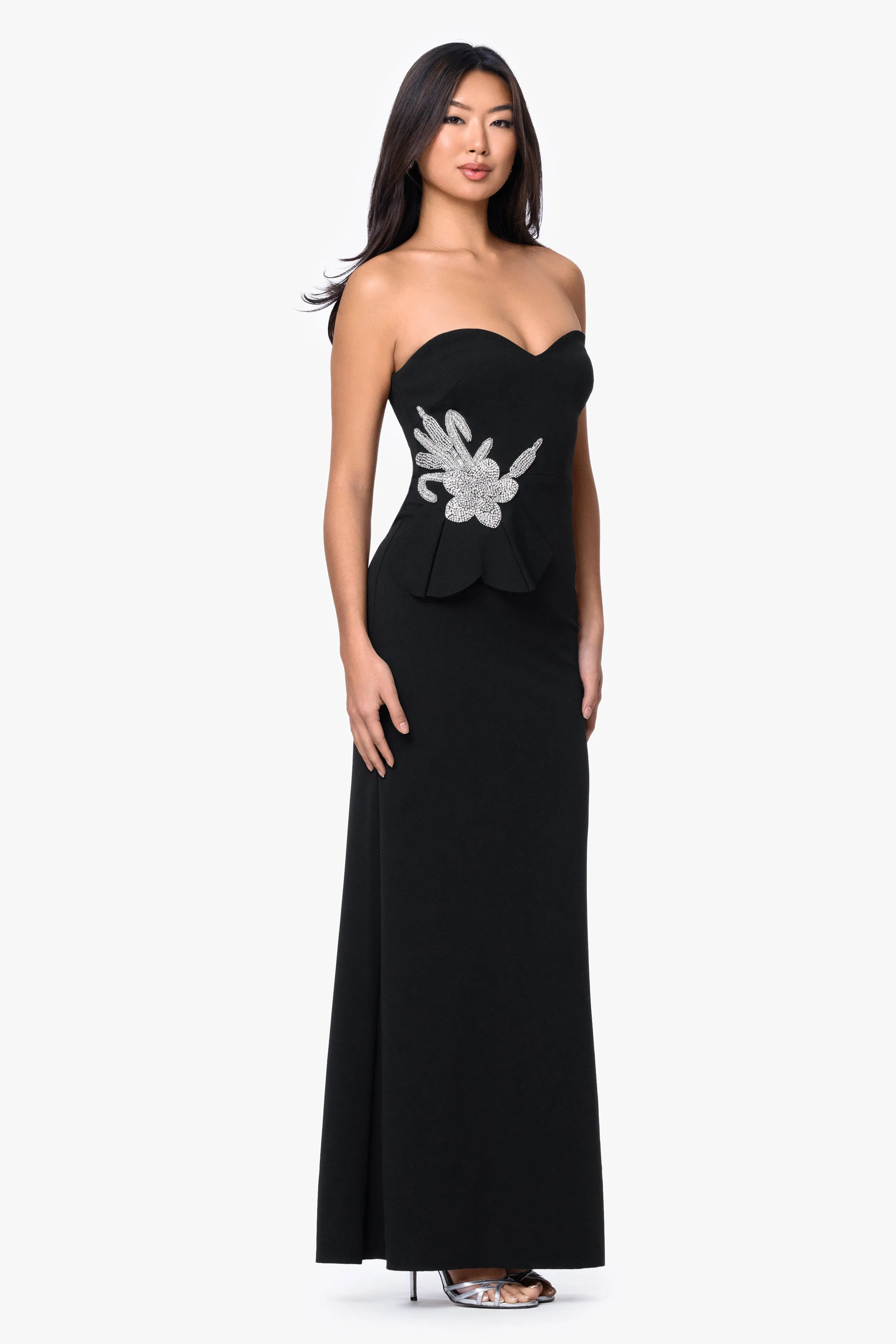 "Salma" Scuba Crepe Strapless Applique Floor Length Dress sold by Betsy & Adam product image thumbnail 4