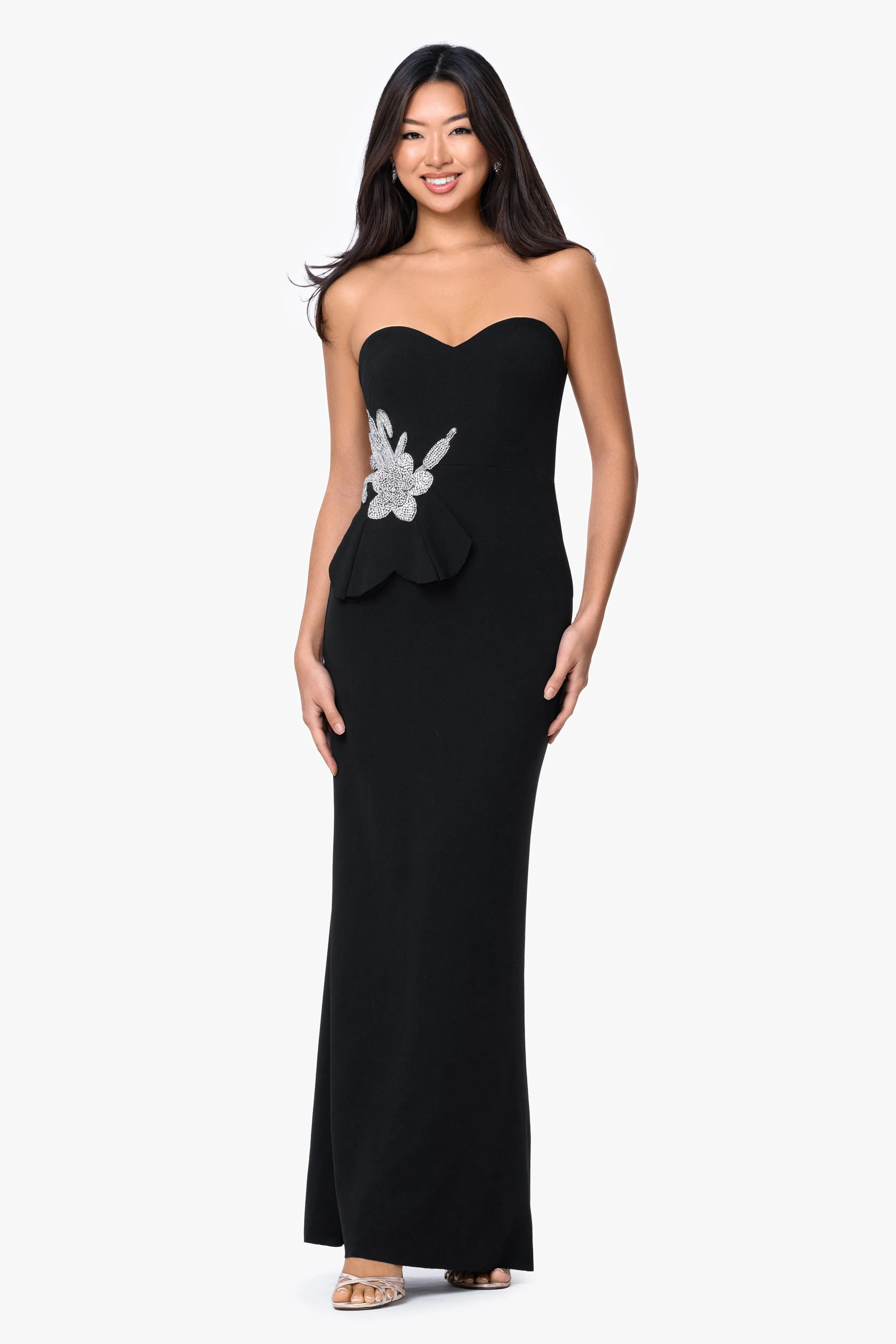 "Salma" Scuba Crepe Strapless Applique Floor Length Dress sold by Betsy & Adam