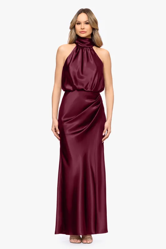 "Tara" Satin Tie Neck Floor Length Dress made by Betsy & Adam
