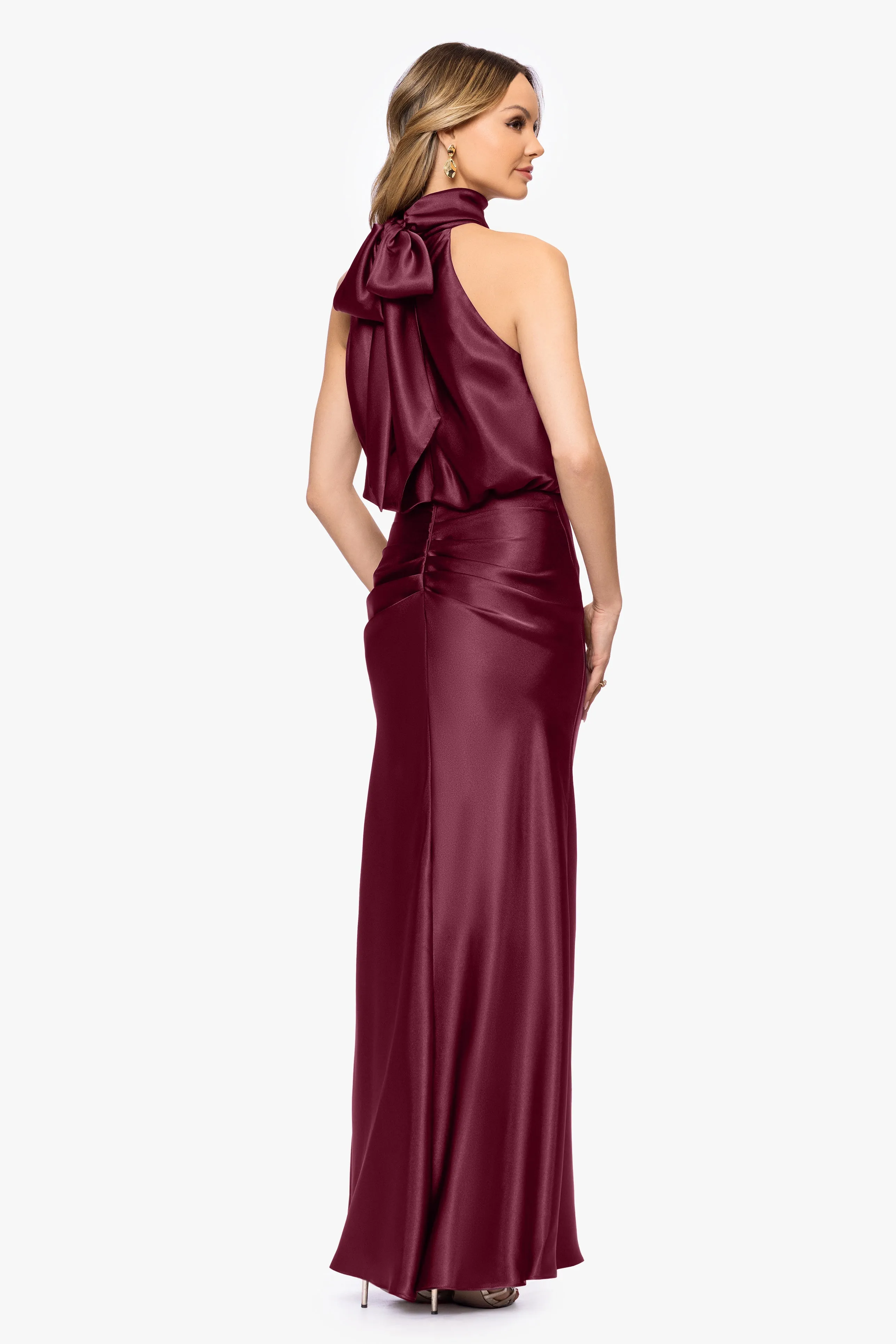 "Tara" Satin Tie Neck Floor Length Dress sold by Betsy & Adam product image thumbnail 3