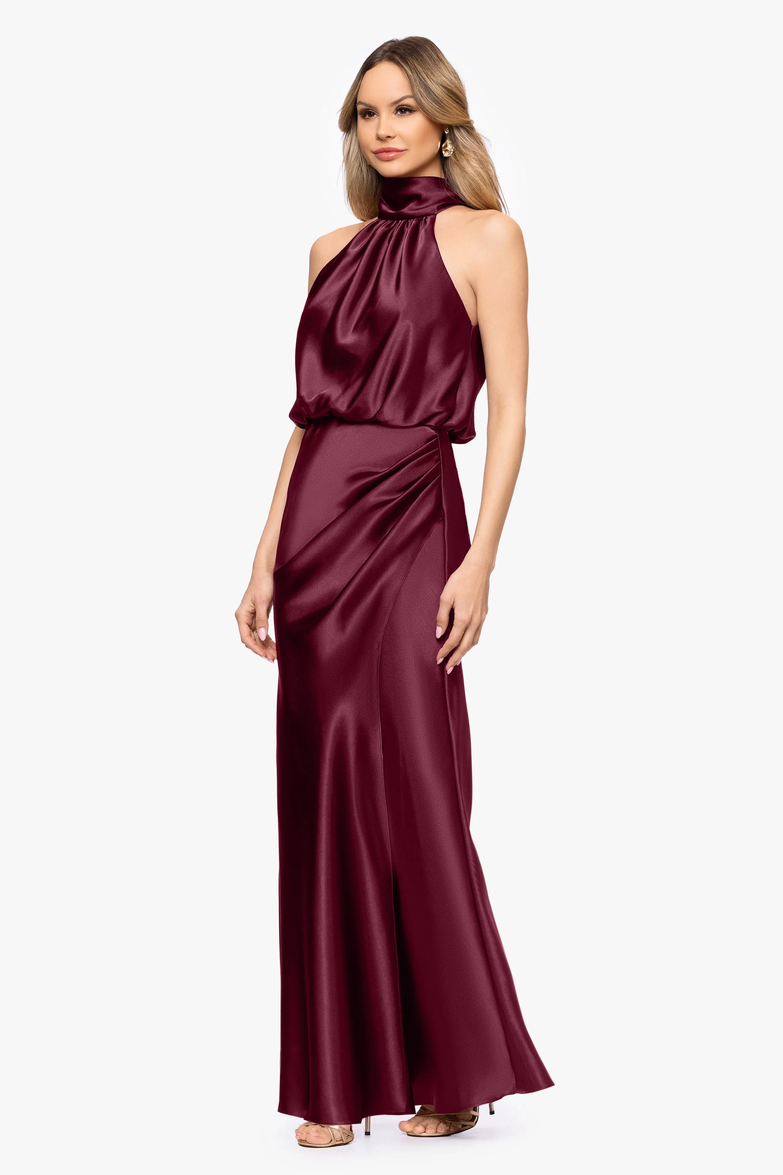 "Tara" Satin Tie Neck Floor Length Dress sold by Betsy & Adam product image thumbnail 4