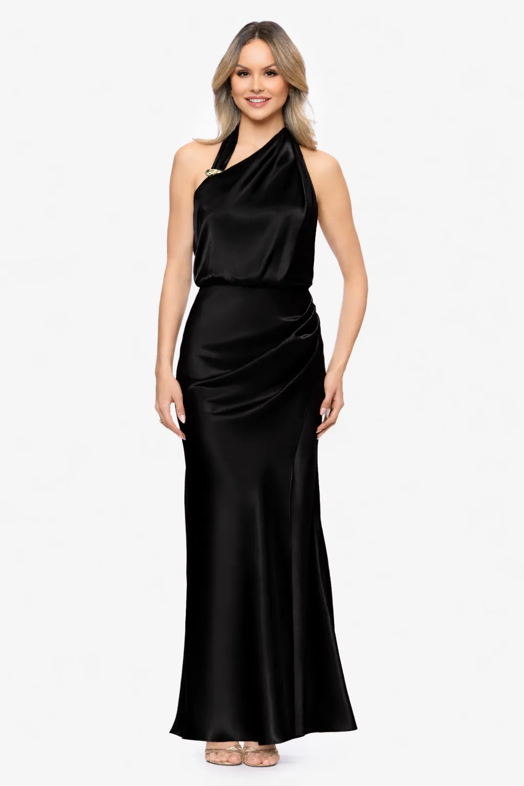 "Willow" Satin Halter Asymmetrical Floor Length Dress sold by Betsy & Adam