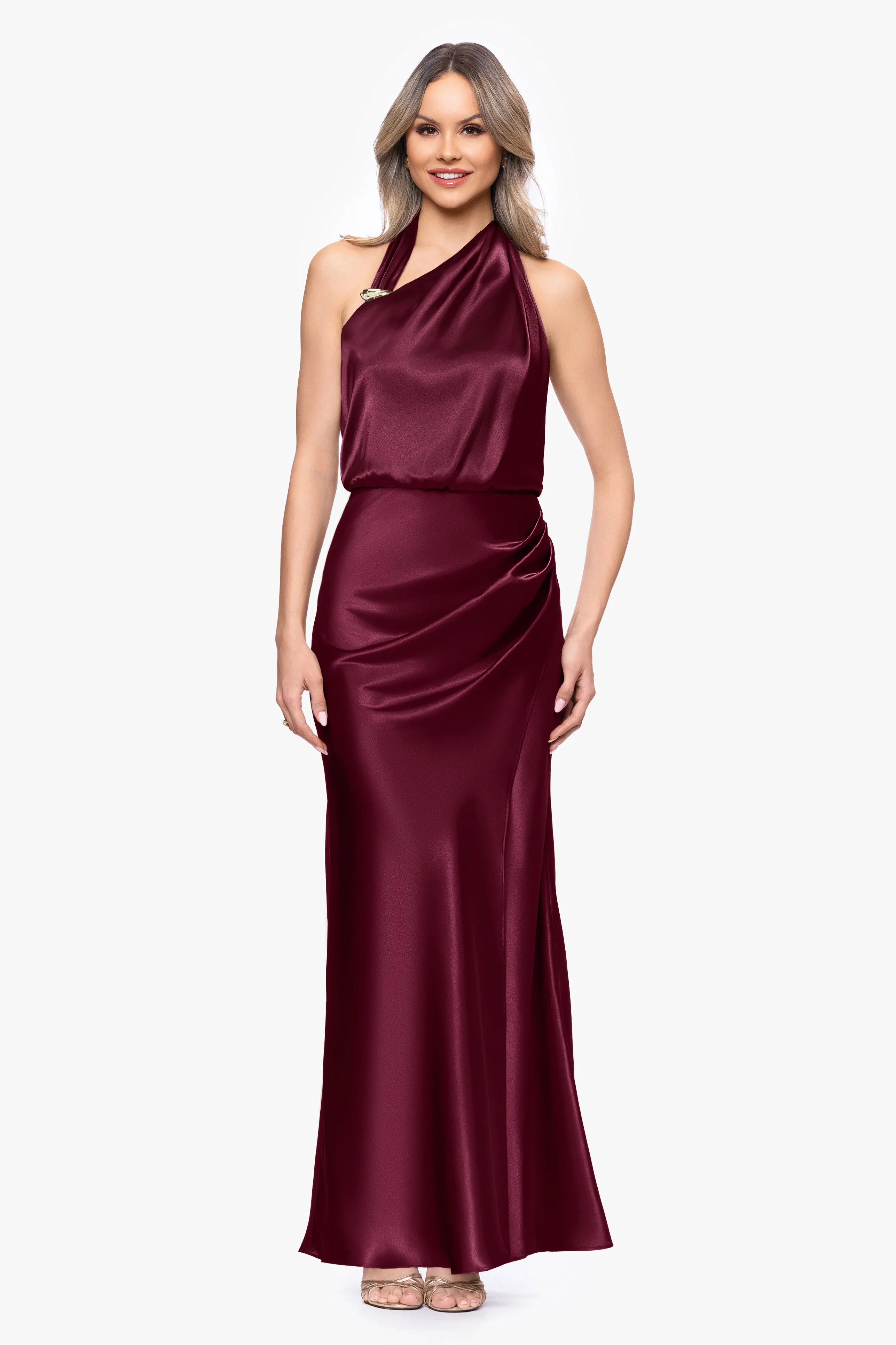 "Willow" Satin Halter Asymmetrical Floor Length Dress sold by Betsy & Adam