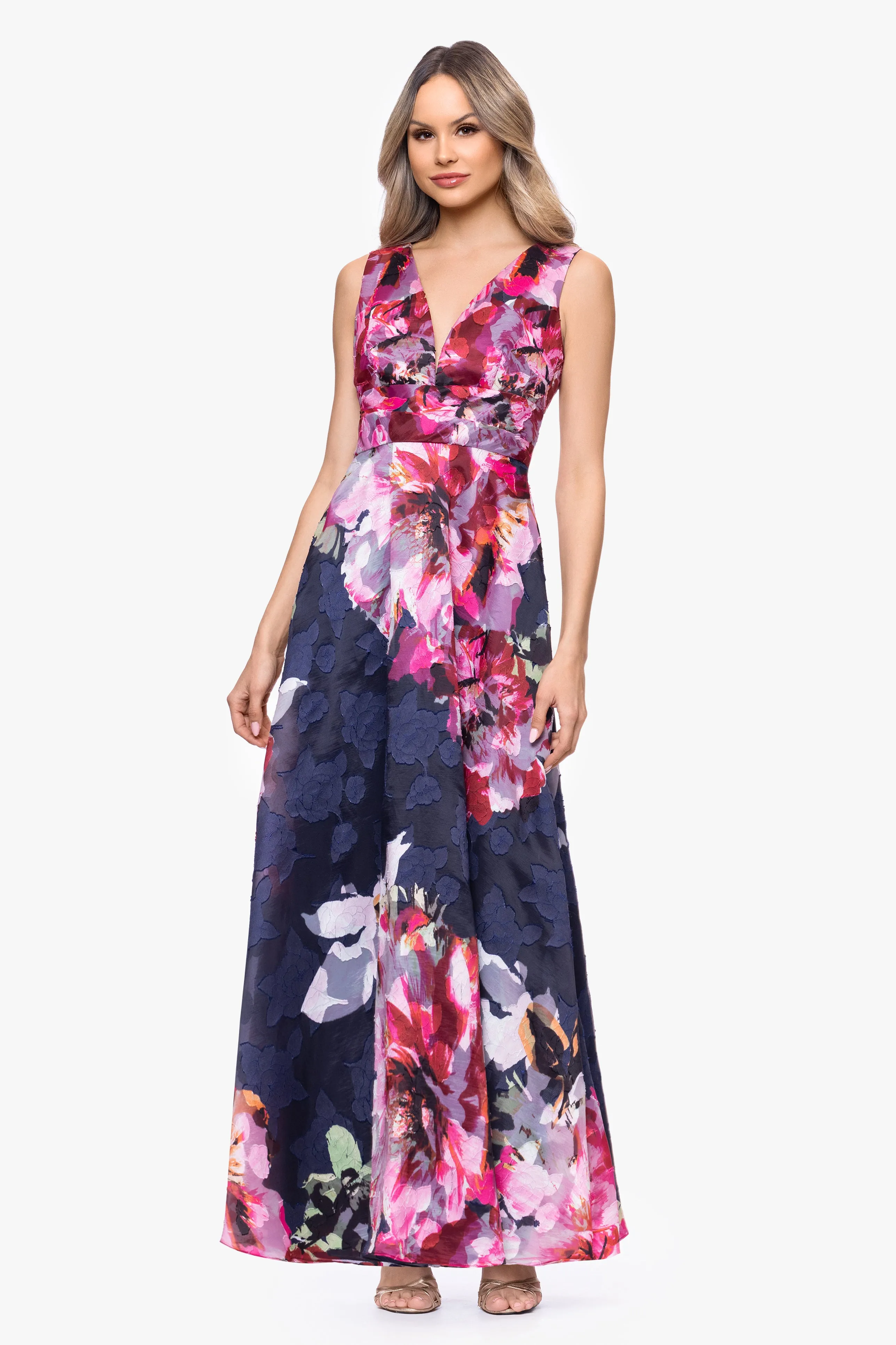 "Teagan" Jacquard Printed V-Neck Floor Length Dress sold by Betsy & Adam