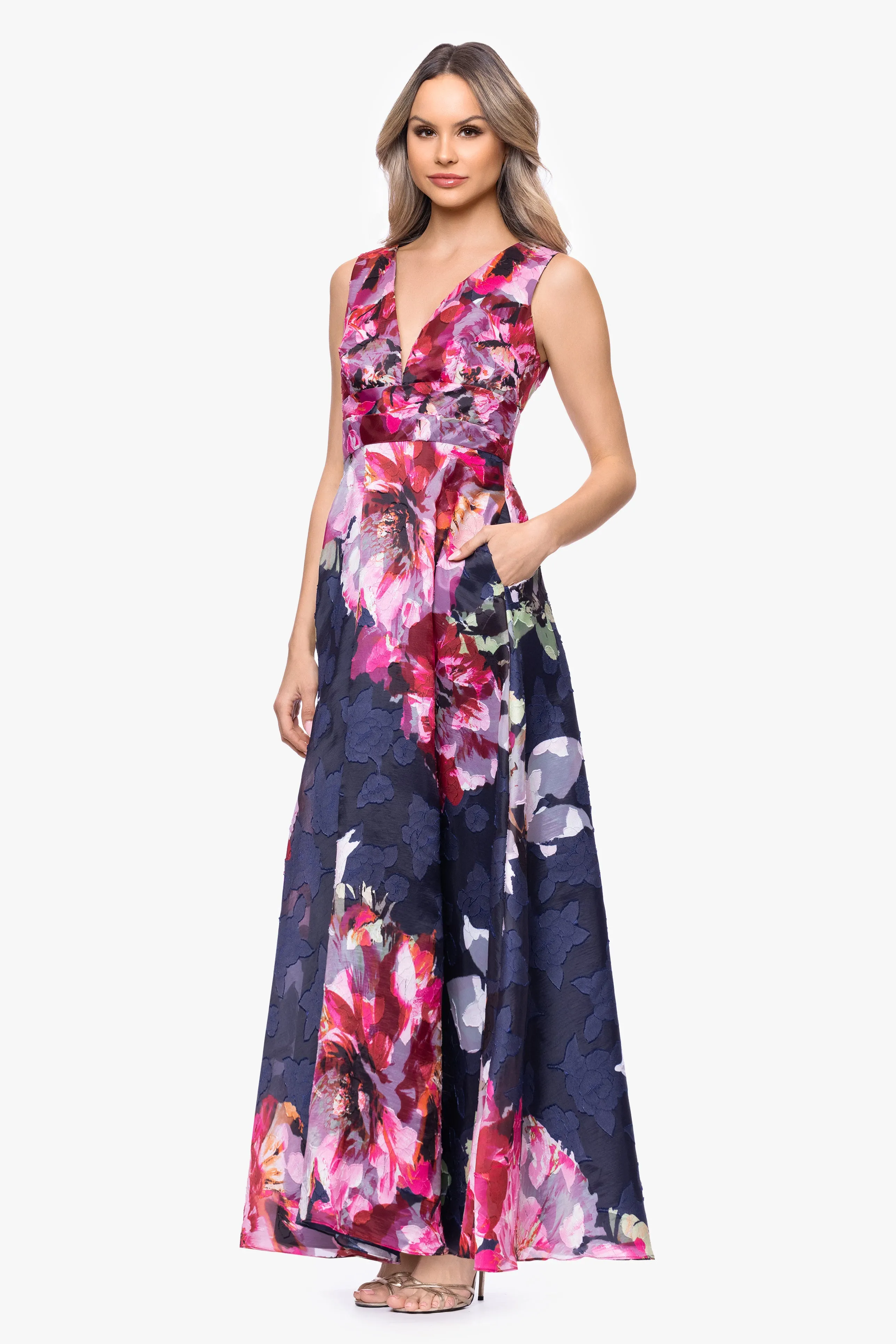 "Teagan" Jacquard Printed V-Neck Floor Length Dress sold by Betsy & Adam product image thumbnail 4