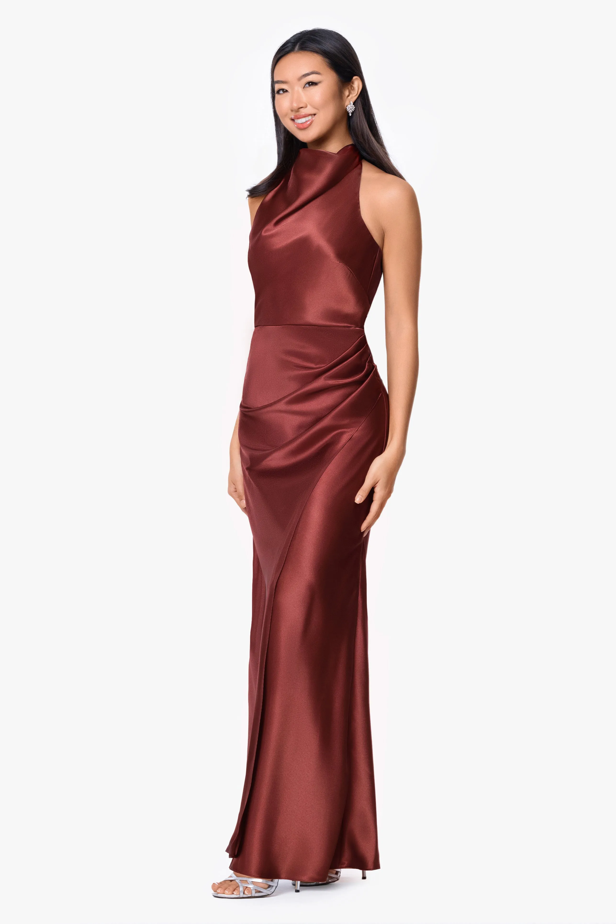 "Antonia" Satin Cowl Halter Neck Rouched Floor Length Dress sold by Betsy & Adam product image thumbnail 4