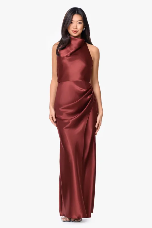 "Antonia" Satin Cowl Halter Neck Rouched Floor Length Dress made by Betsy & Adam
