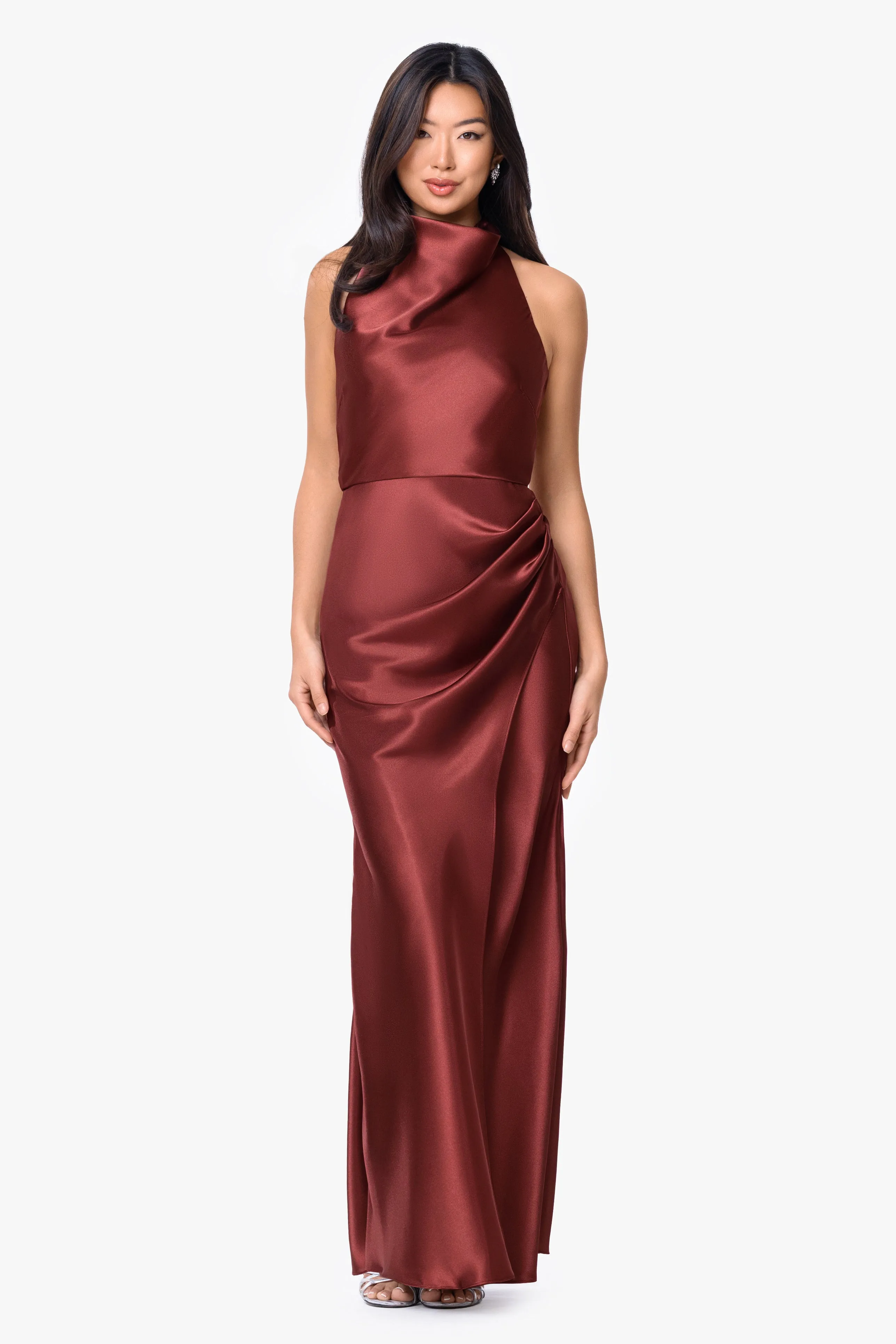 "Antonia" Satin Cowl Halter Neck Rouched Floor Length Dress sold by Betsy & Adam