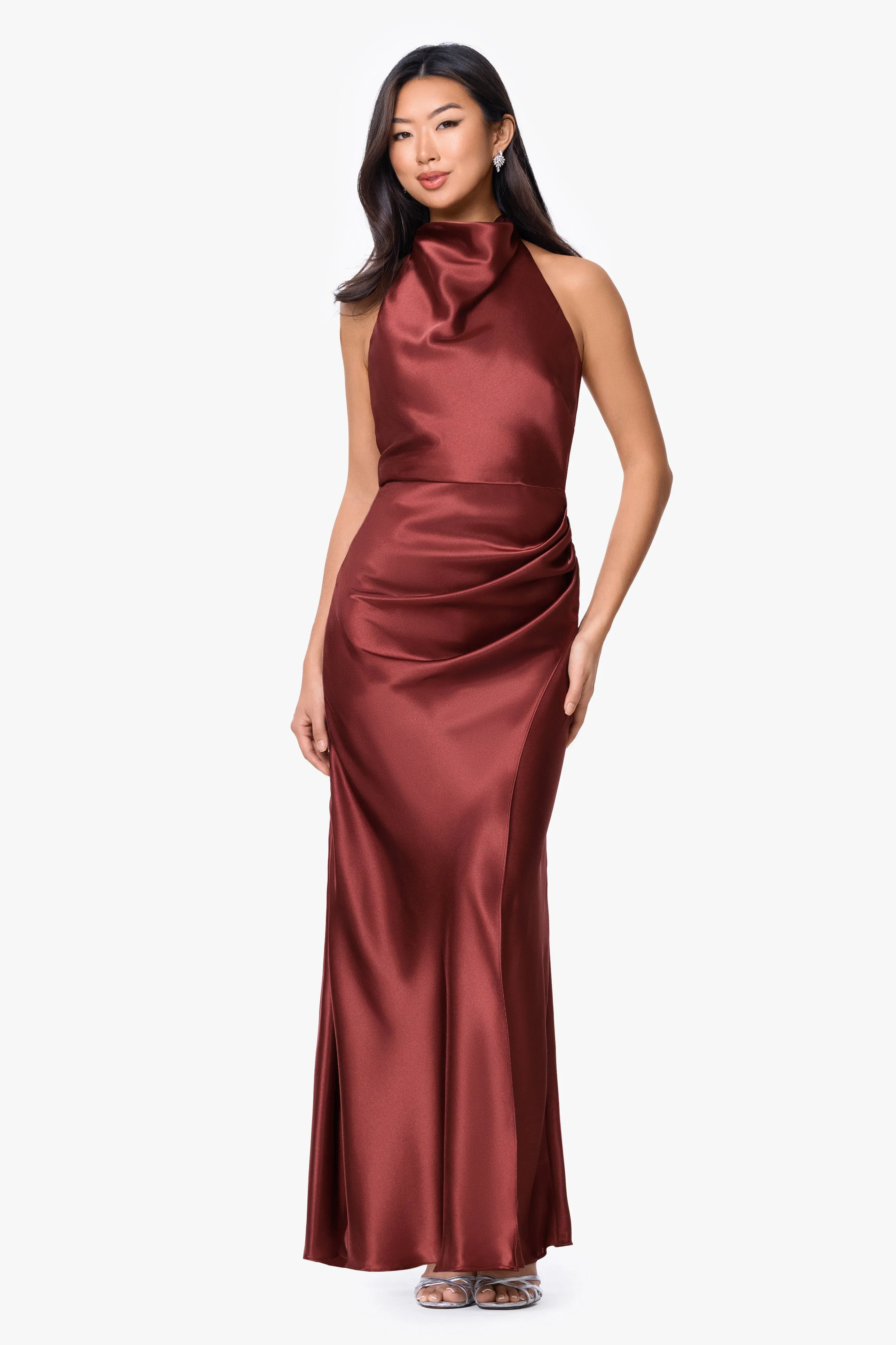 "Antonia" Satin Cowl Halter Neck Rouched Floor Length Dress sold by Betsy & Adam product image thumbnail 5