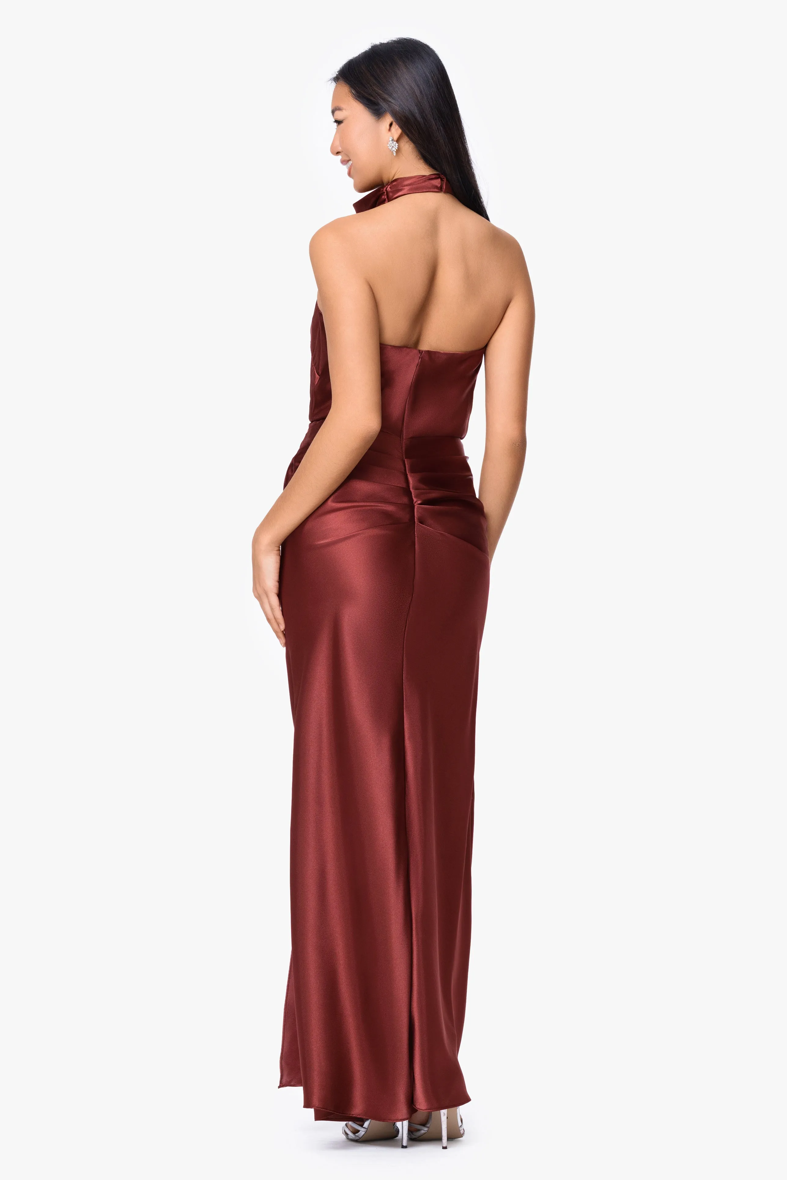 "Antonia" Satin Cowl Halter Neck Rouched Floor Length Dress sold by Betsy & Adam product image thumbnail 3