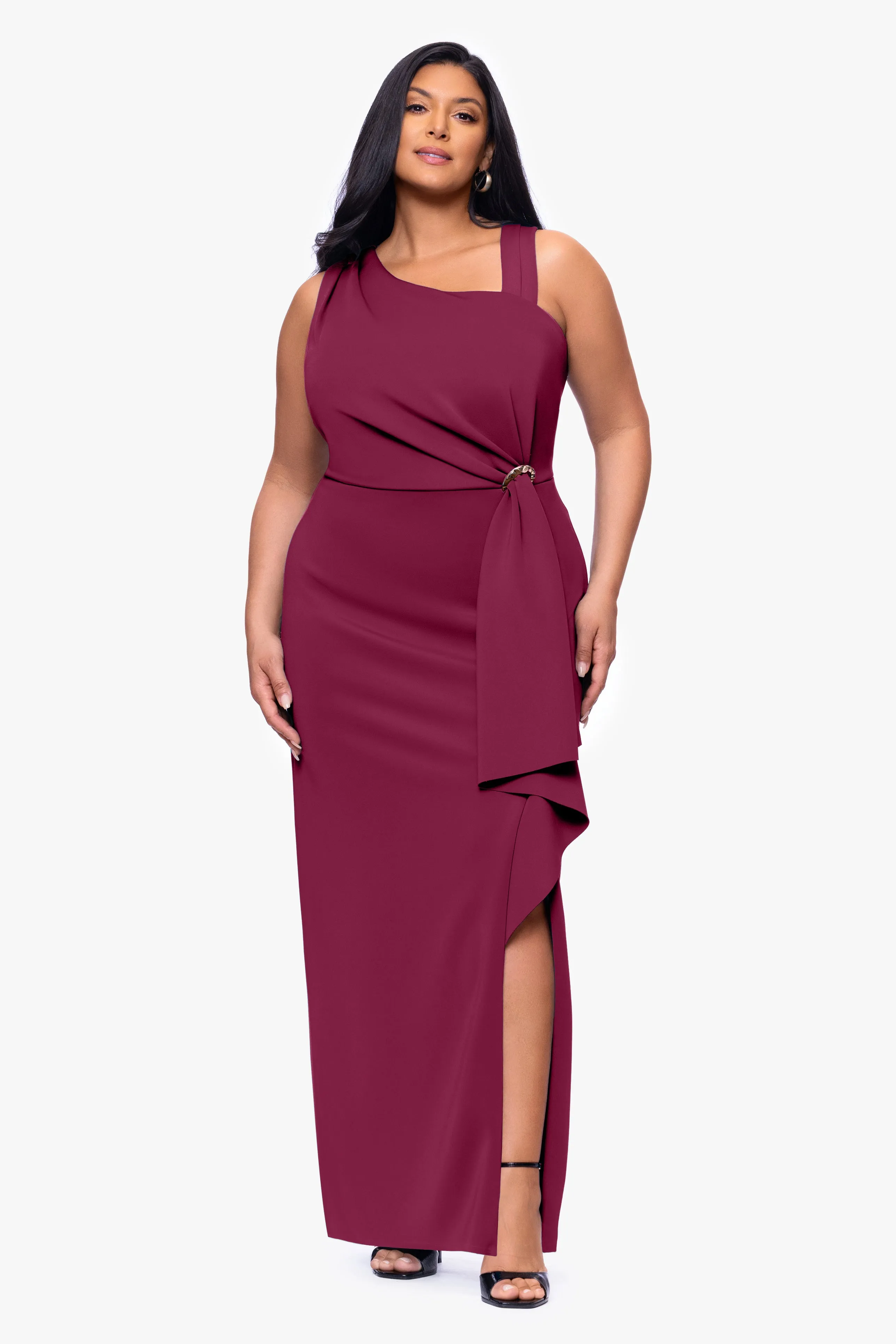 Plus "Lucy" Techno Scuba Asymmetrical Neck Floor Length Dress sold by Betsy & Adam