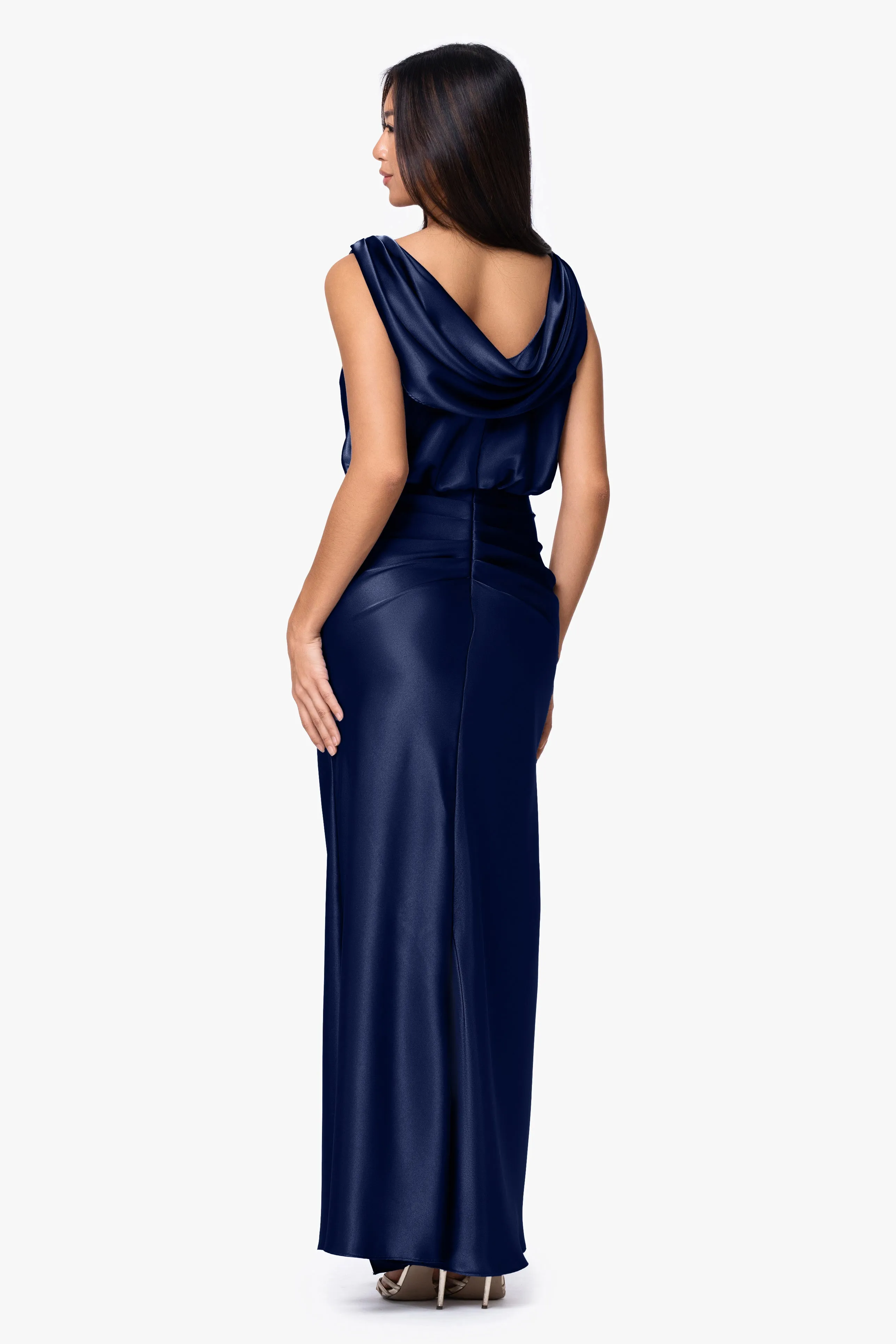 "Aria" Satin Droop Back Rouche Floor Length Dress sold by Betsy & Adam product image thumbnail 3