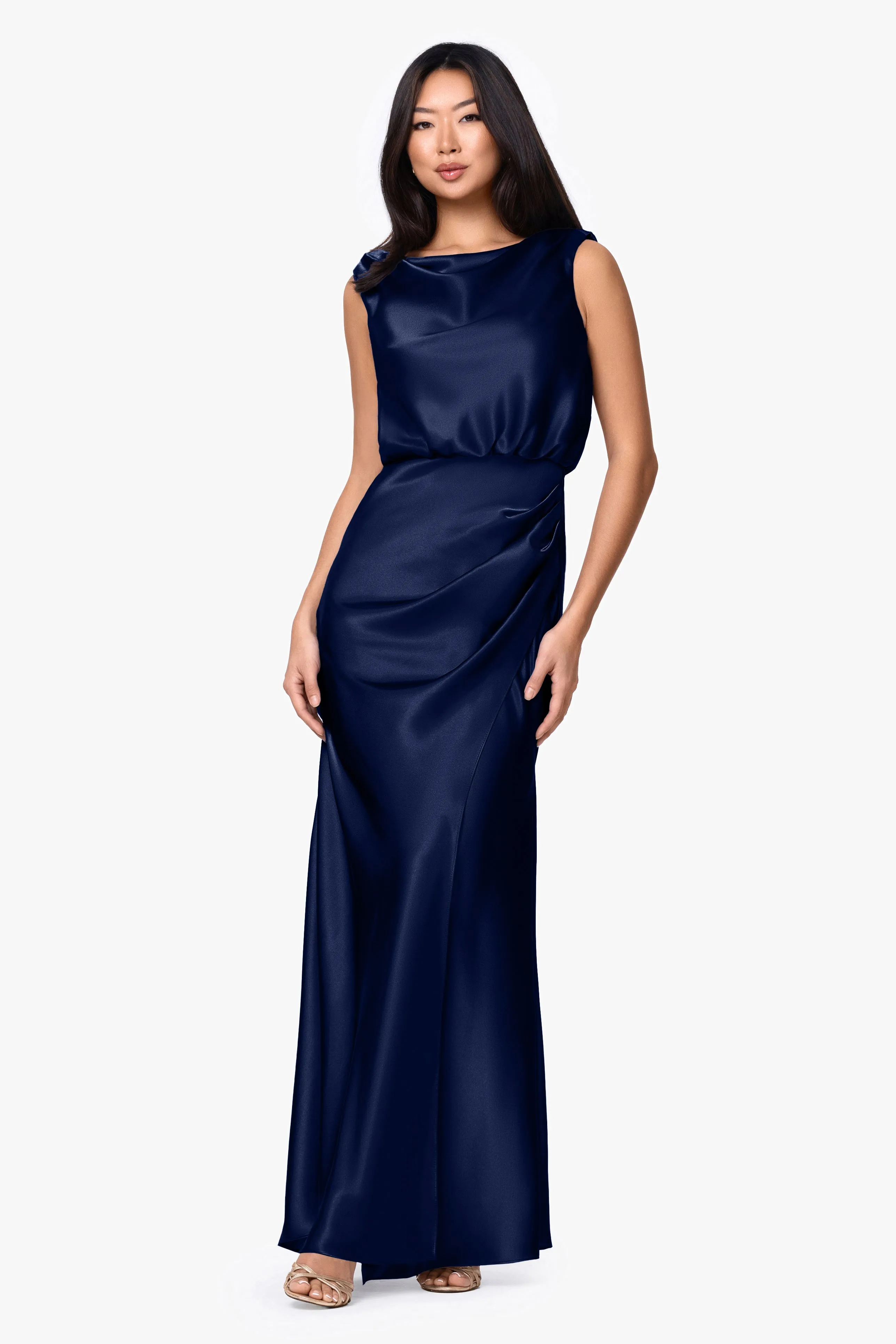 "Aria" Satin Droop Back Rouche Floor Length Dress sold by Betsy & Adam