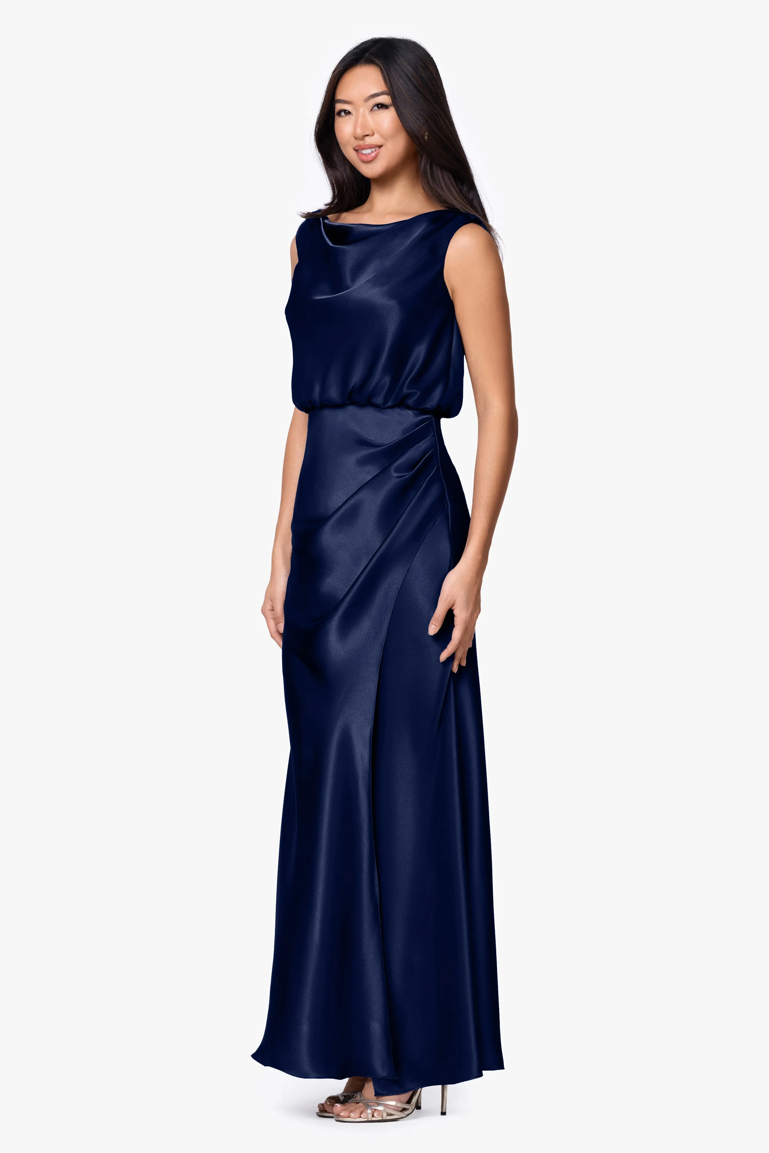 "Aria" Satin Droop Back Rouche Floor Length Dress sold by Betsy & Adam product image thumbnail 4