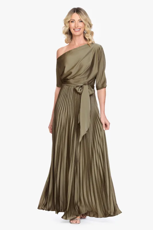 "Leah" Pleated Hammered Satin Off The Shoulder Belted Dress made by Betsy & Adam