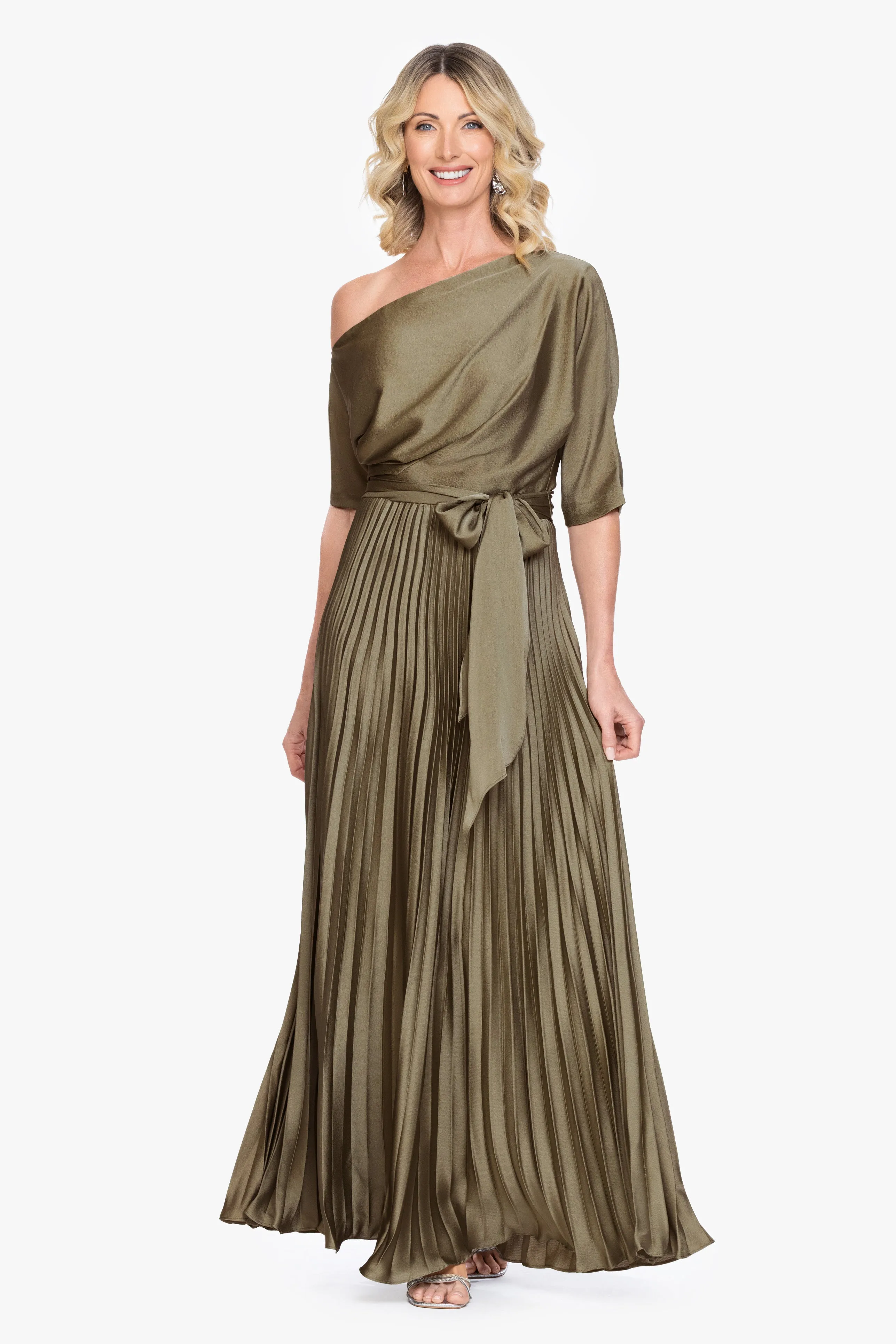 "Leah" Pleated Hammered Satin Off The Shoulder Belted Dress sold by Betsy & Adam