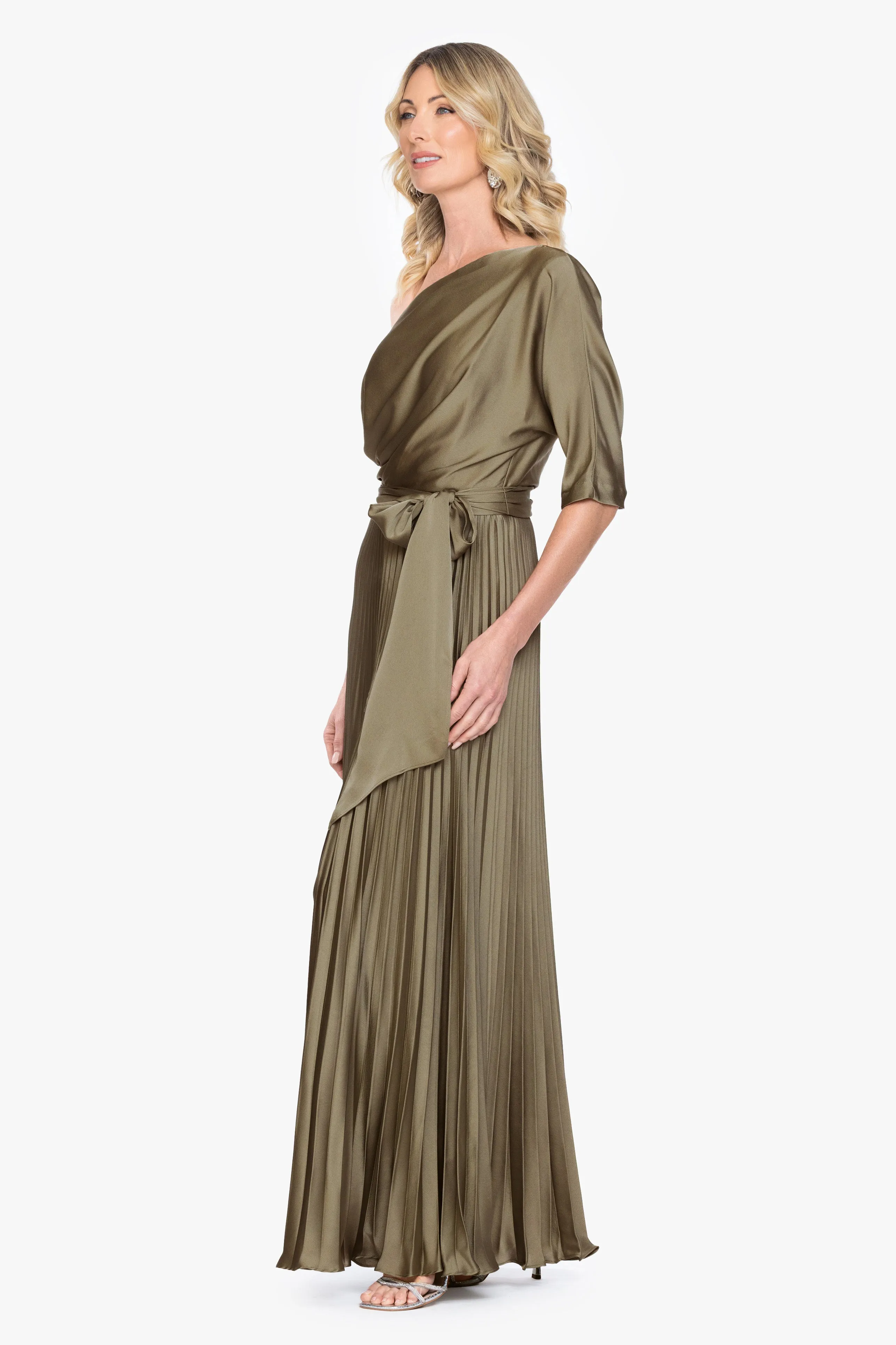 "Leah" Pleated Hammered Satin Off The Shoulder Belted Dress sold by Betsy & Adam product image thumbnail 4