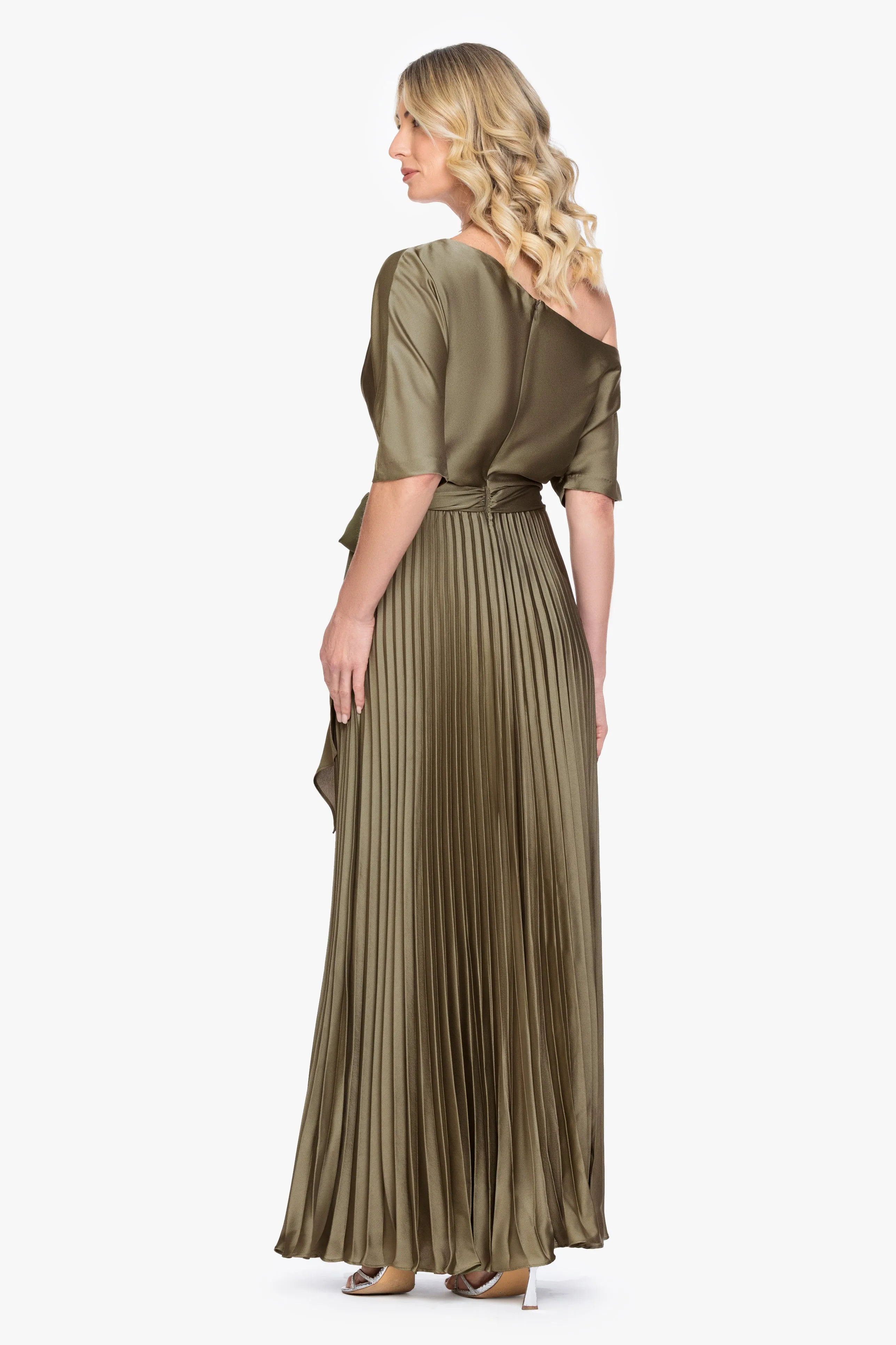"Leah" Pleated Hammered Satin Off The Shoulder Belted Dress sold by Betsy & Adam product image thumbnail 3