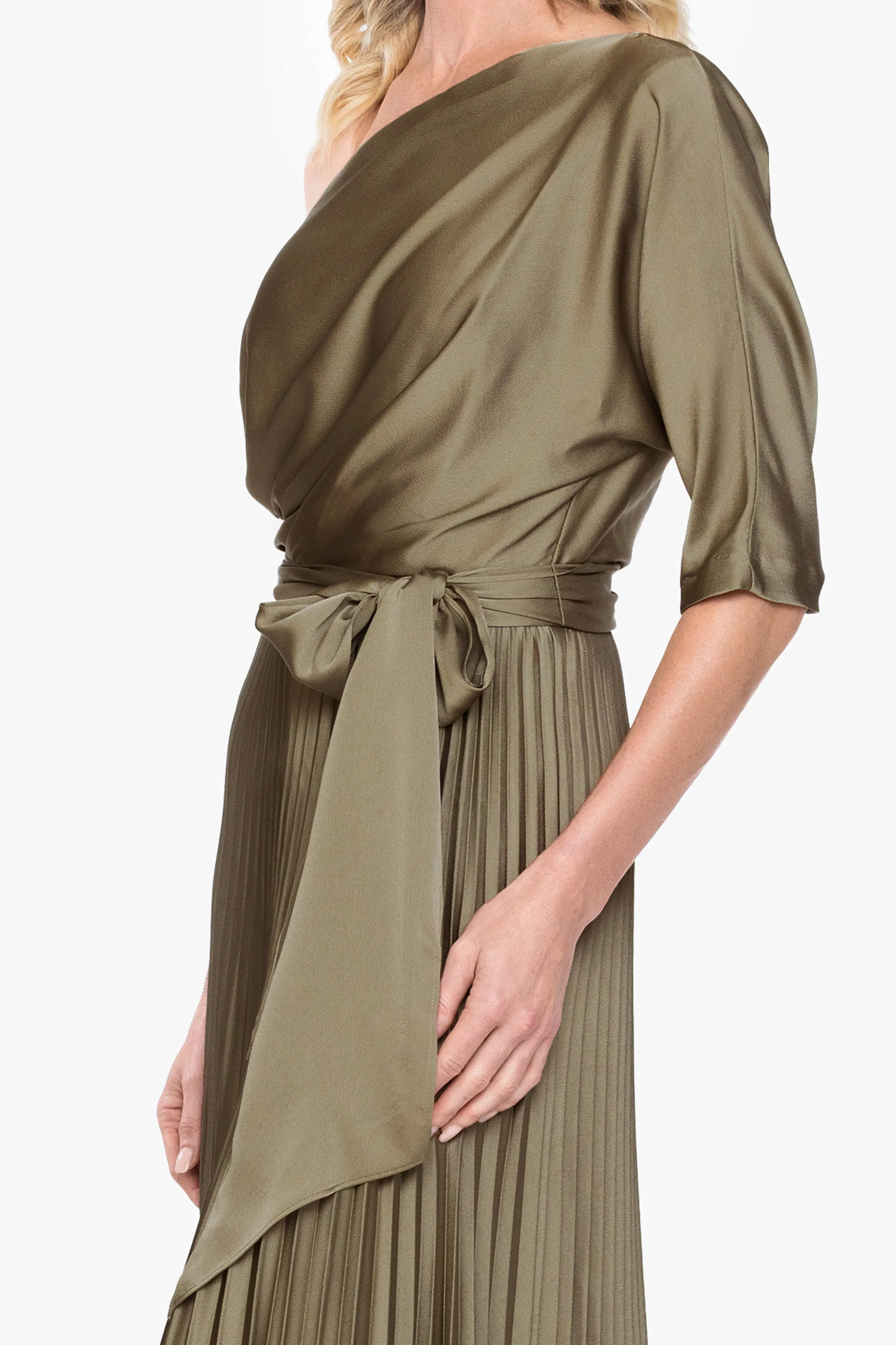 "Leah" Pleated Hammered Satin Off The Shoulder Belted Dress sold by Betsy & Adam product image thumbnail 2