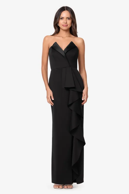 "Andrea" Techno Scuba Long Tuxedo Ruffle Dress made by Betsy & Adam