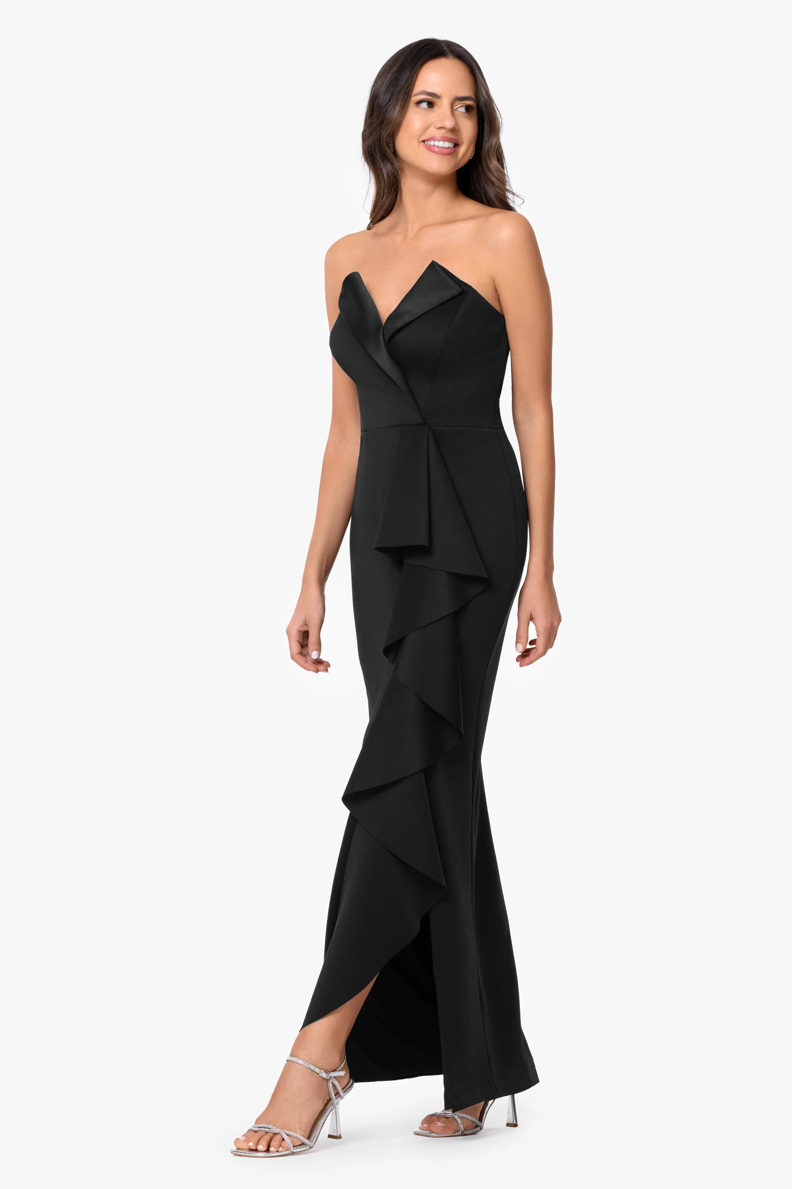 "Andrea" Techno Scuba Long Tuxedo Ruffle Dress sold by Betsy & Adam product image thumbnail 4