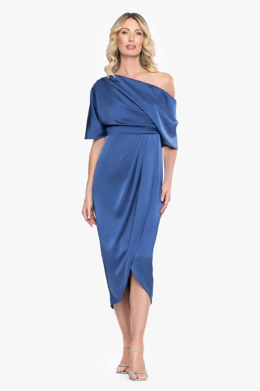 "Sylvie" Satin Short Sleeve Tulip Midi Dress made by Betsy & Adam