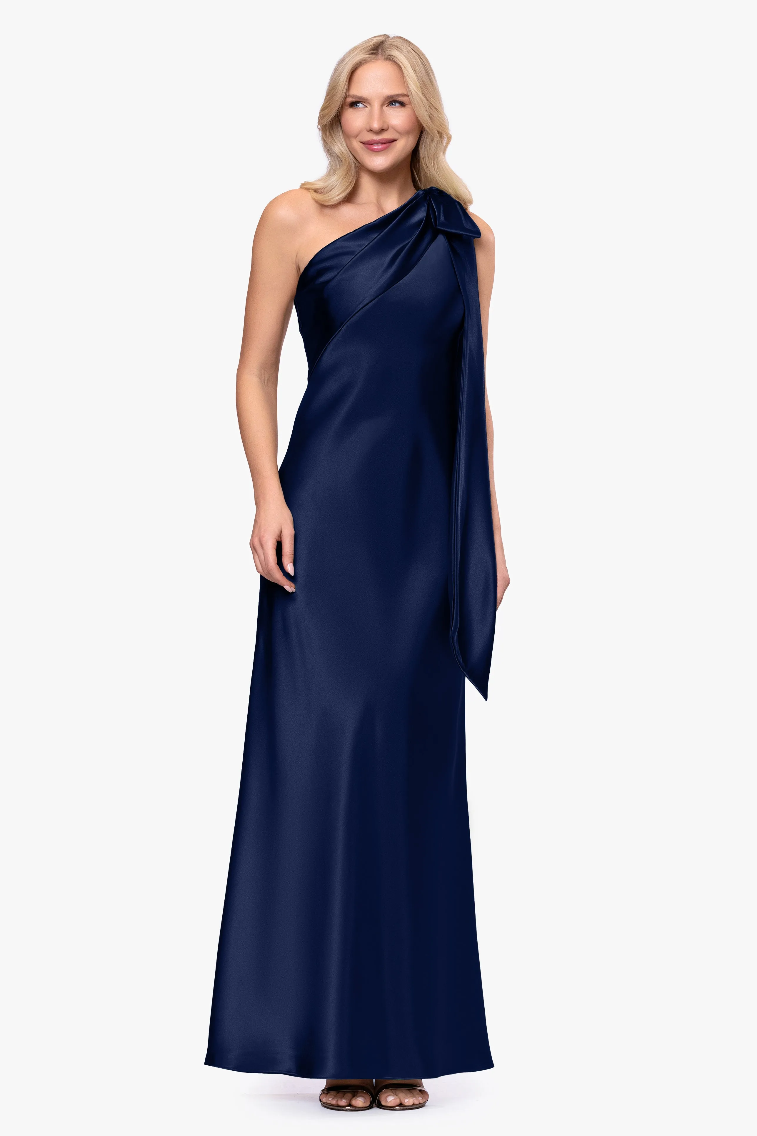 "Dove" Satin One-Shoulder Bow Long Dress sold by Betsy & Adam