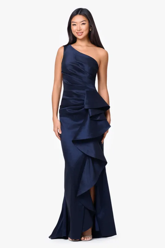 "Evangeline" Taffeta One-Shoulder Long Dress made by Betsy & Adam