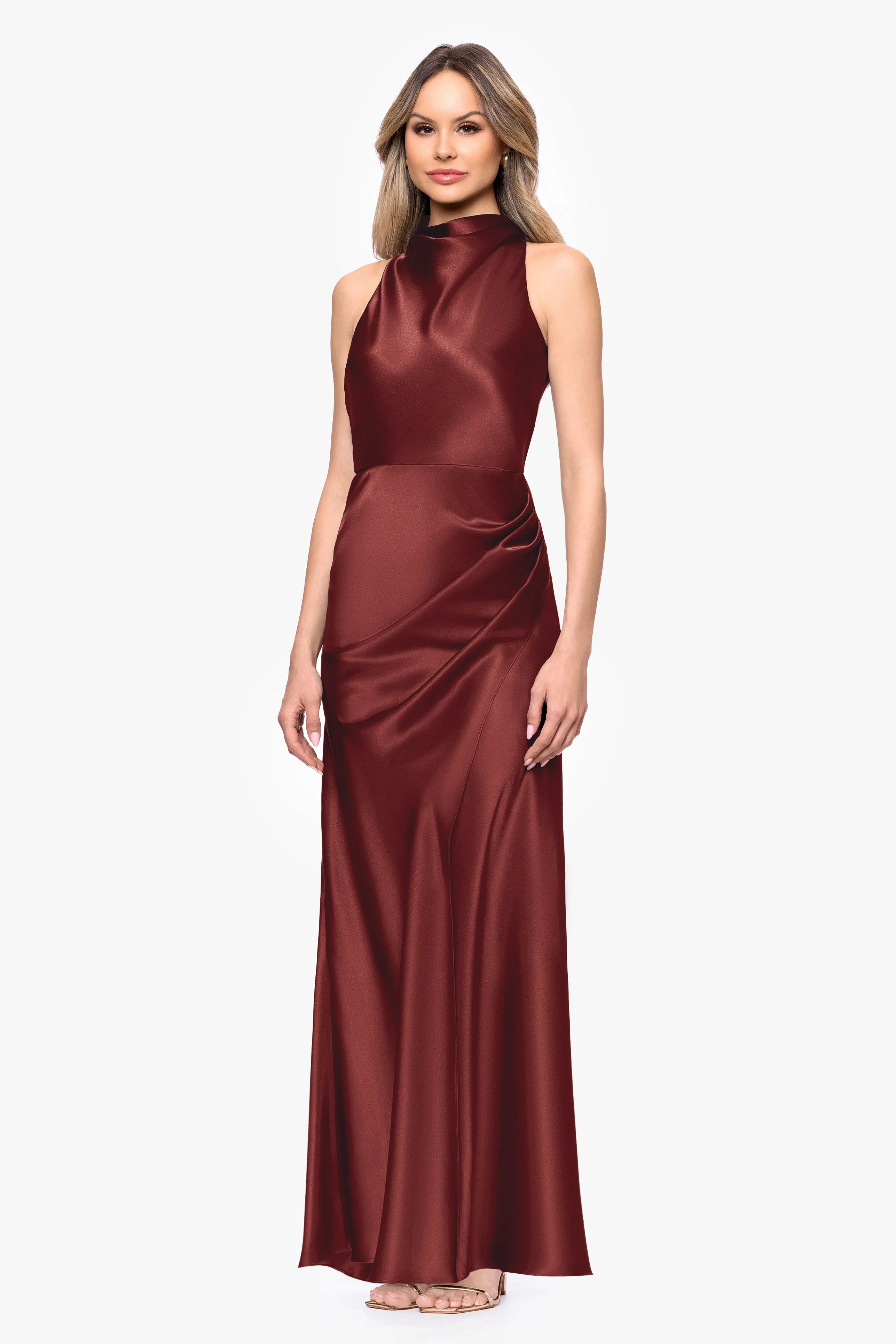 "Tatum" Satin Cowl Mock Neck Floor Length Dress sold by Betsy & Adam