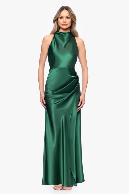 "Tatum" Satin Cowl Mock Neck Floor Length Dress made by Betsy & Adam