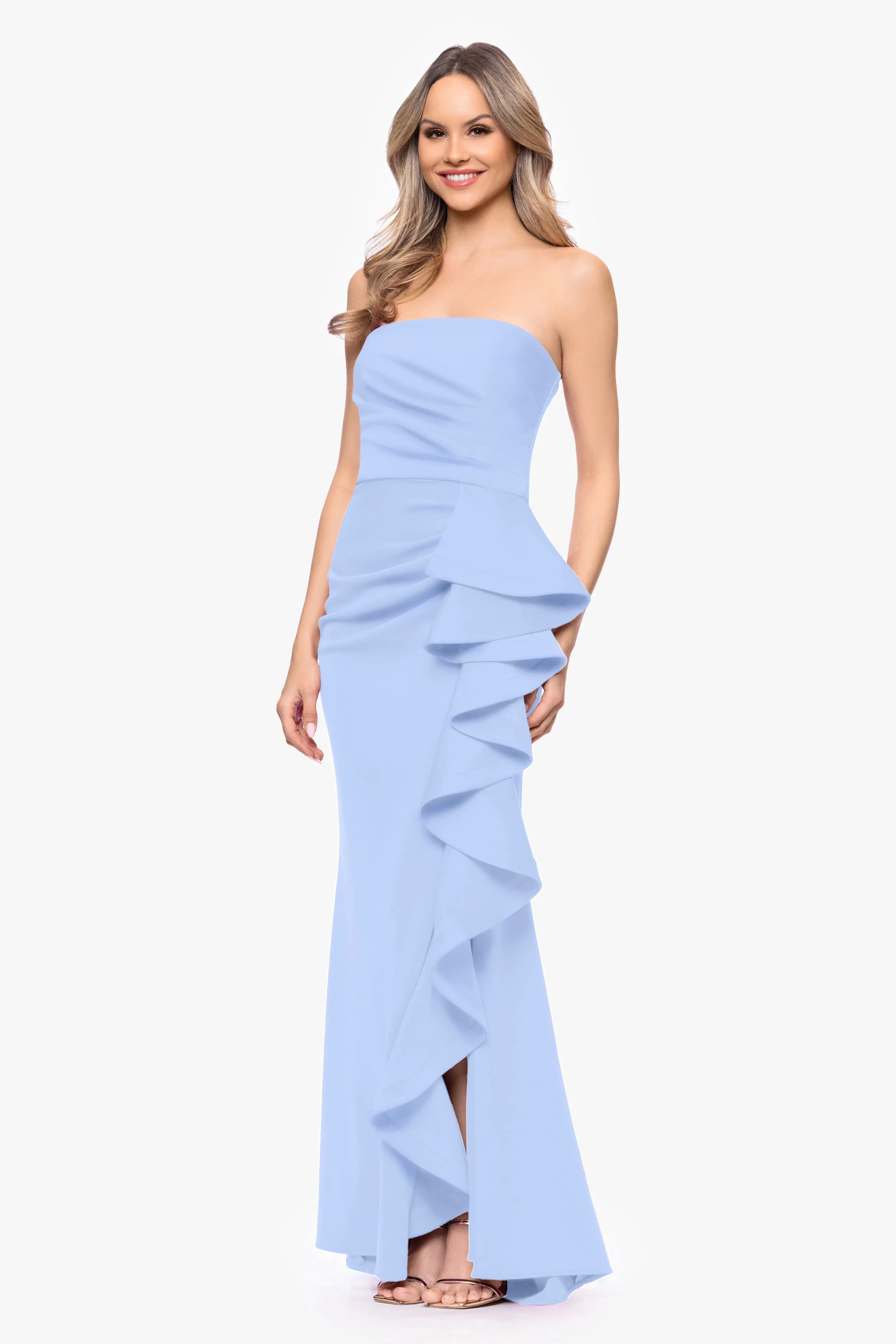 "Davina" Techno Scuba Strapless Ruffle Floor Length Dress sold by Betsy & Adam product image thumbnail 2