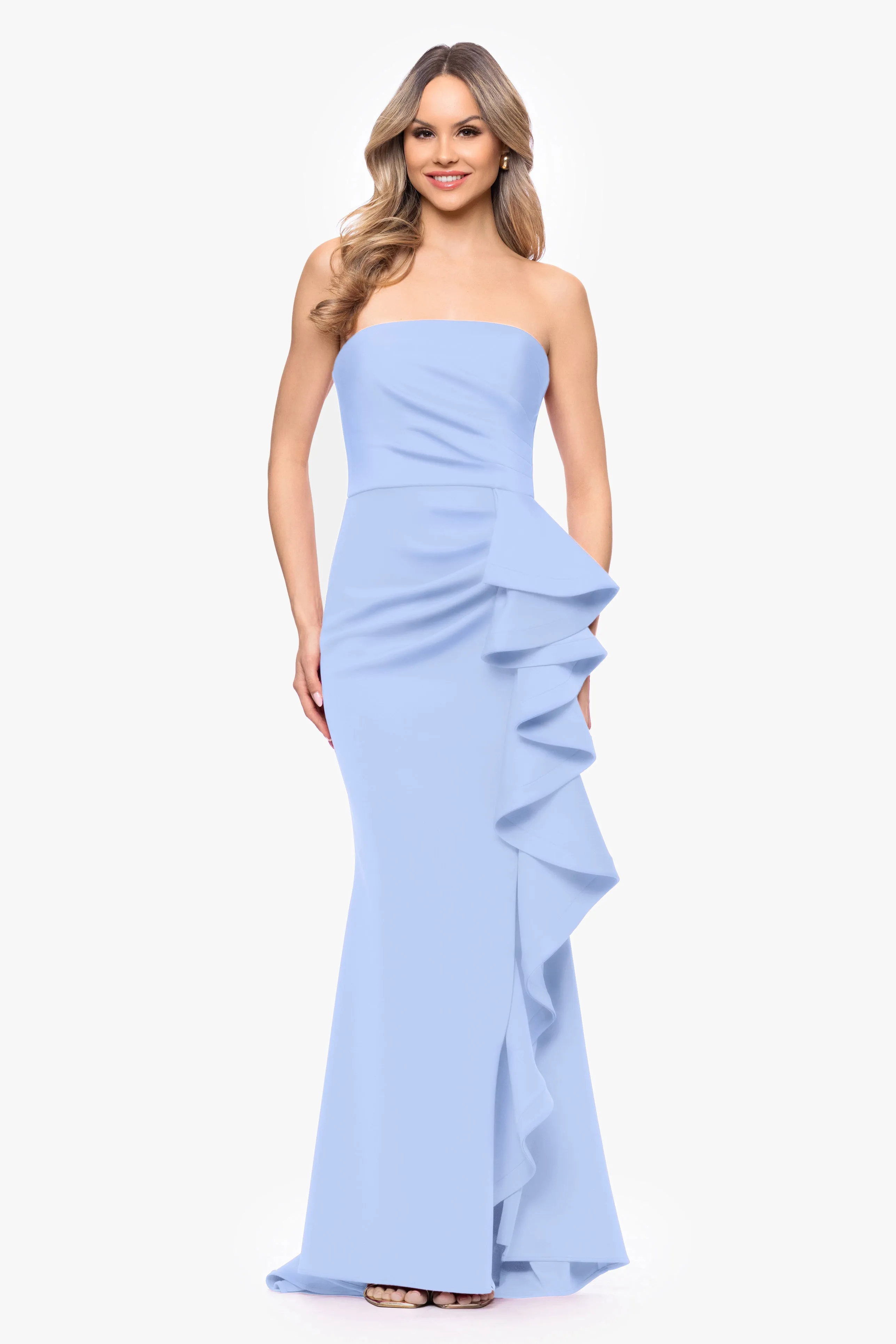 "Davina" Techno Scuba Strapless Ruffle Floor Length Dress sold by Betsy & Adam