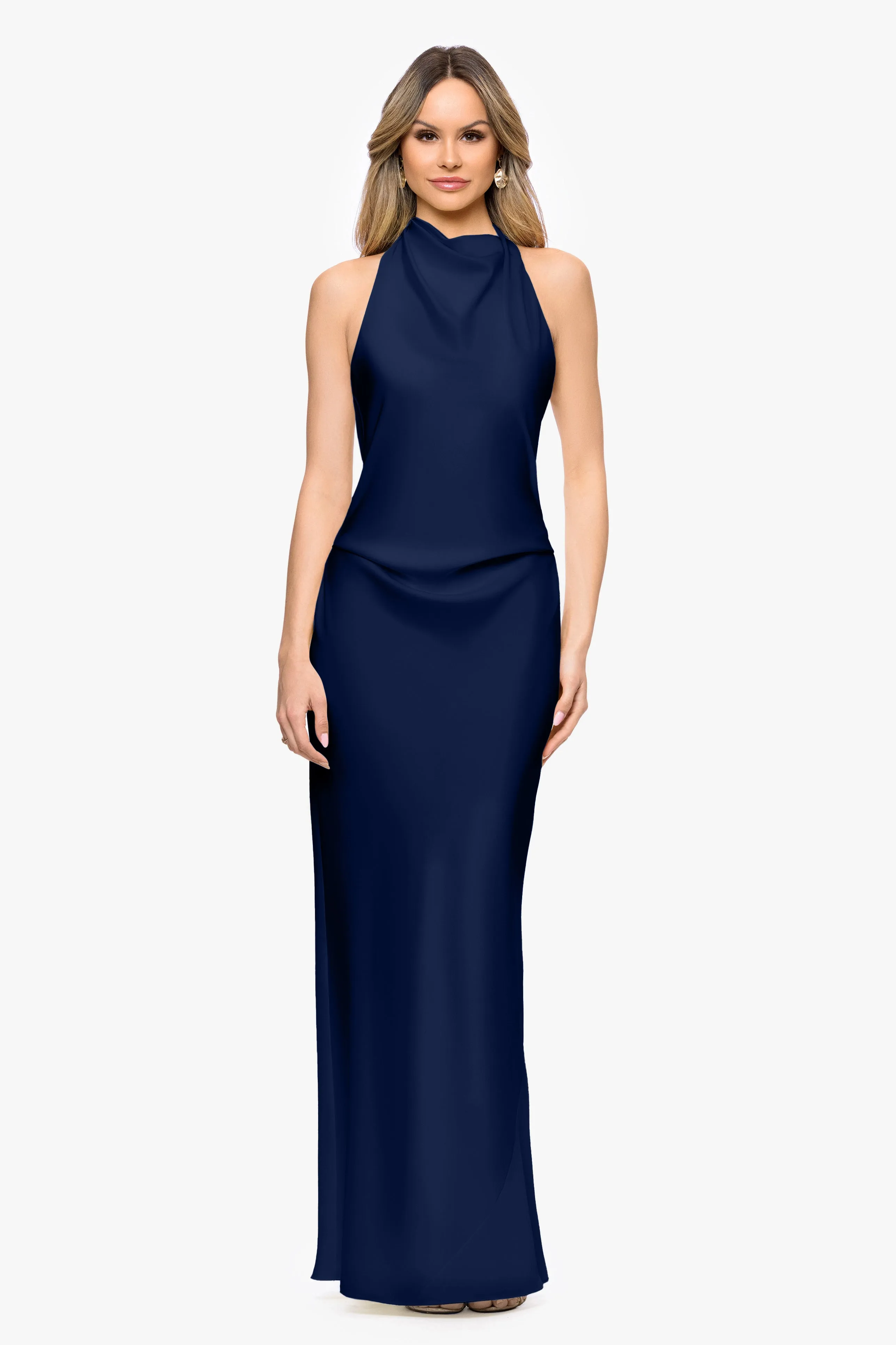 "Amina" Satin Halter Floor Length Dress sold by Betsy & Adam
