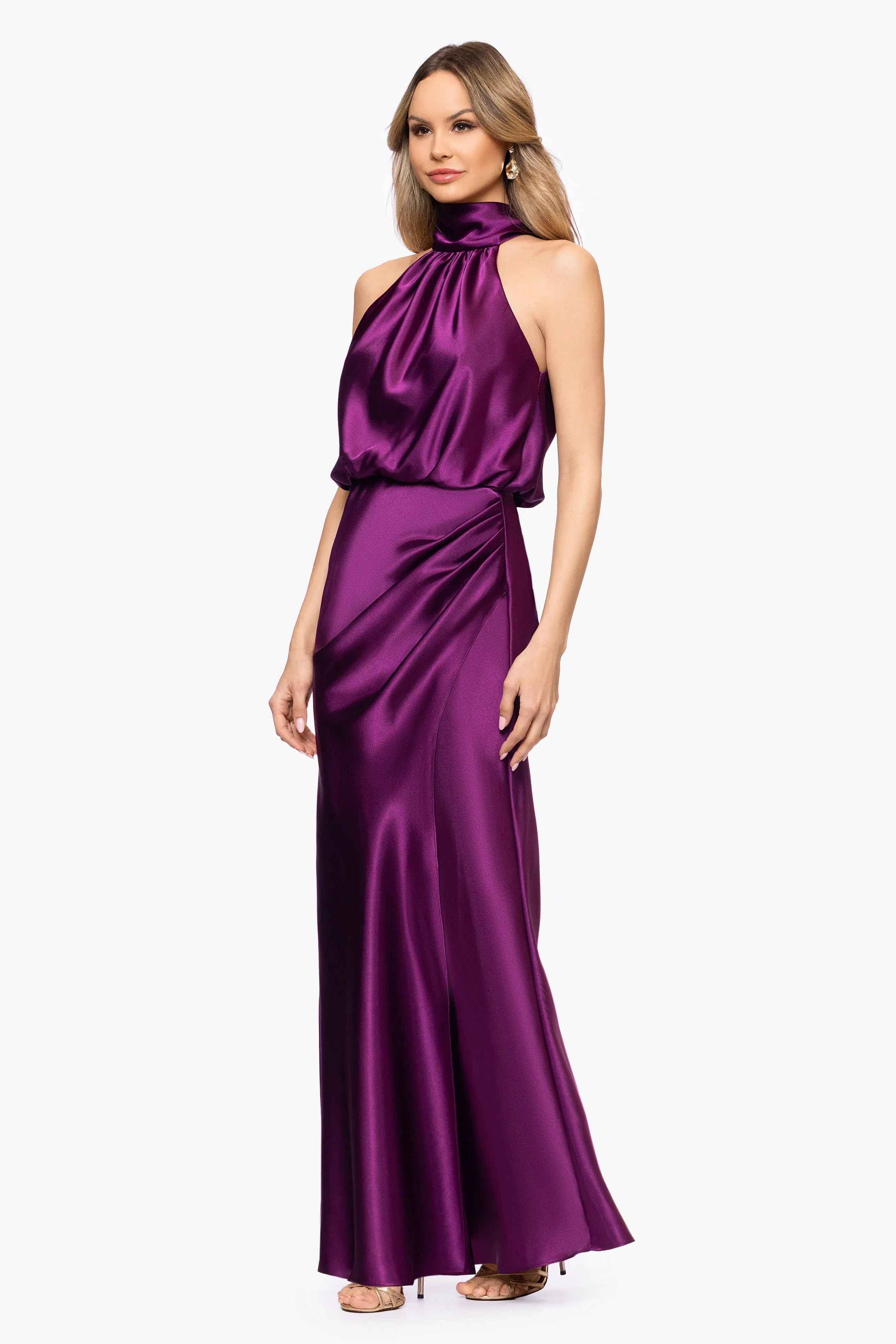 "Tara" Satin Tie Neck Floor Length Dress sold by Betsy & Adam product image thumbnail 4