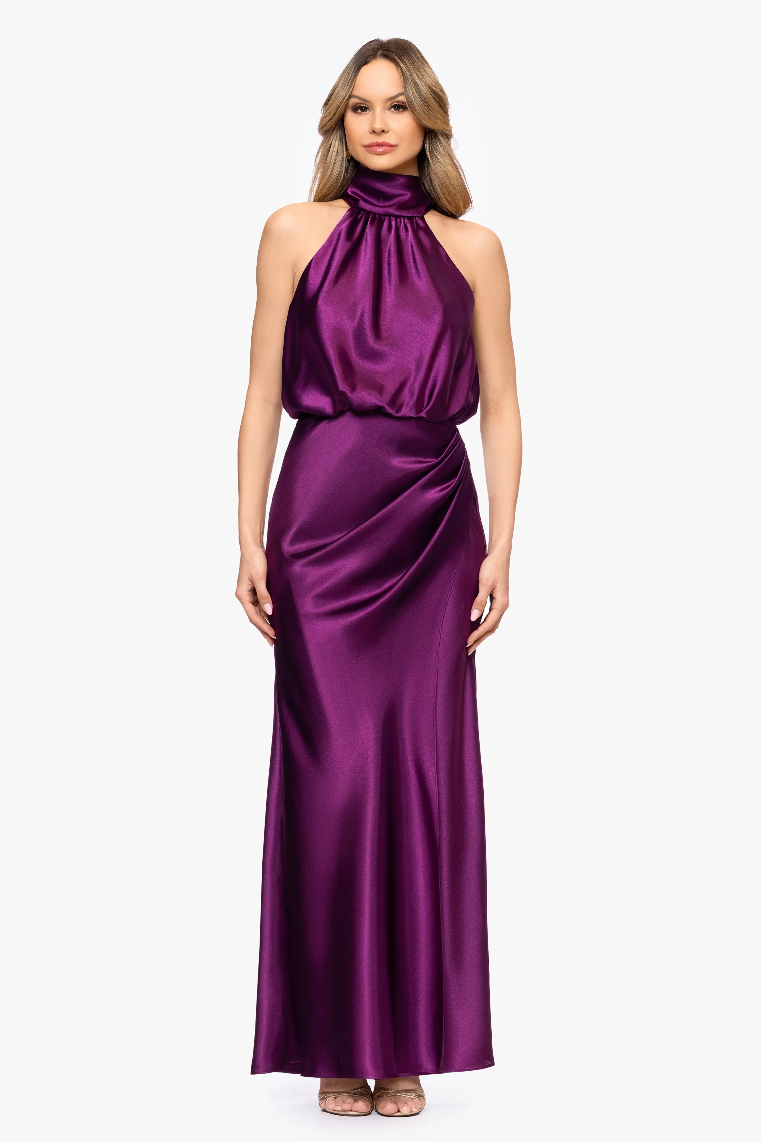 "Tara" Satin Tie Neck Floor Length Dress sold by Betsy & Adam