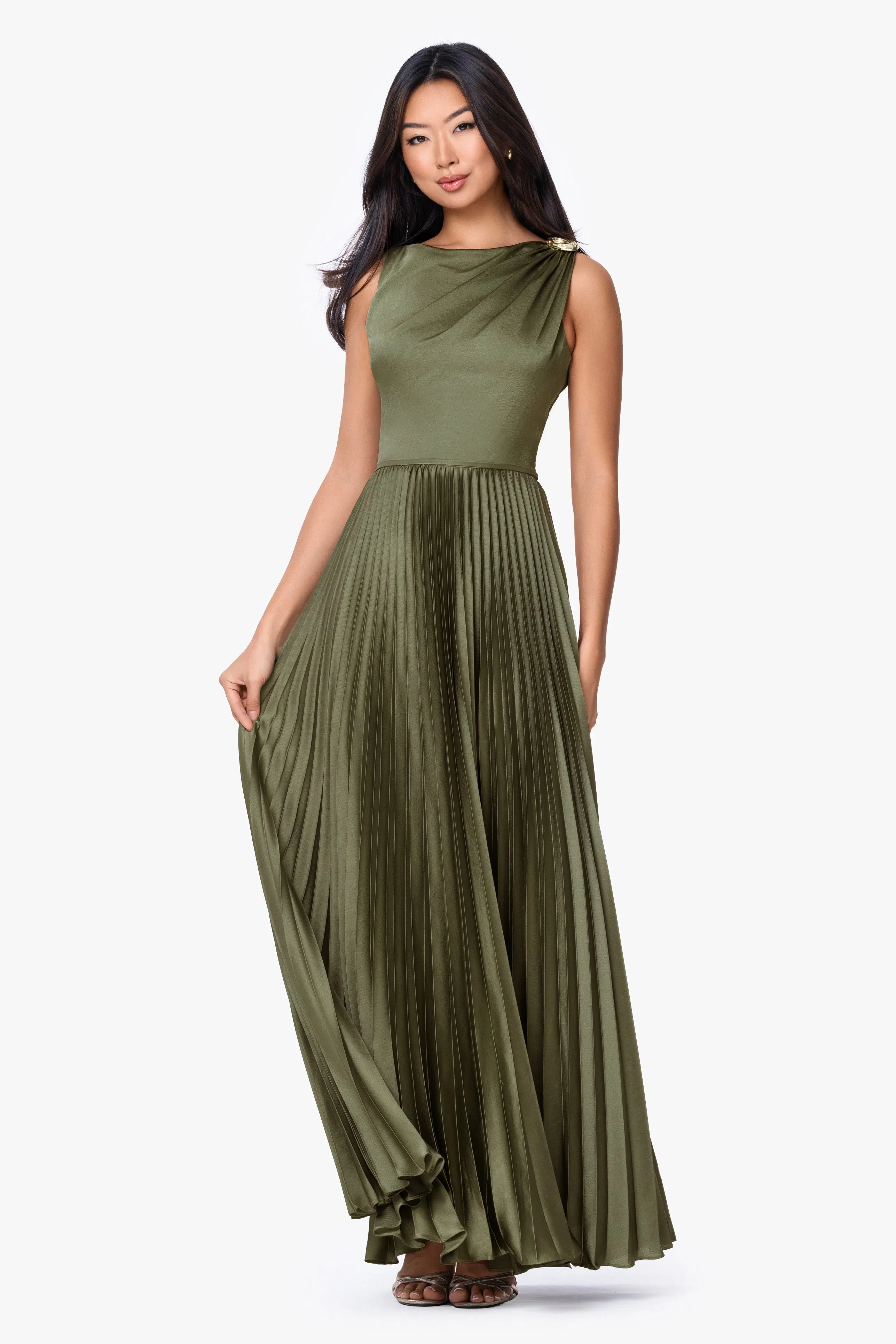 "Brielle" Stretch Charmeuse Pleated Trim Long Dress sold by Betsy & Adam product image thumbnail 5