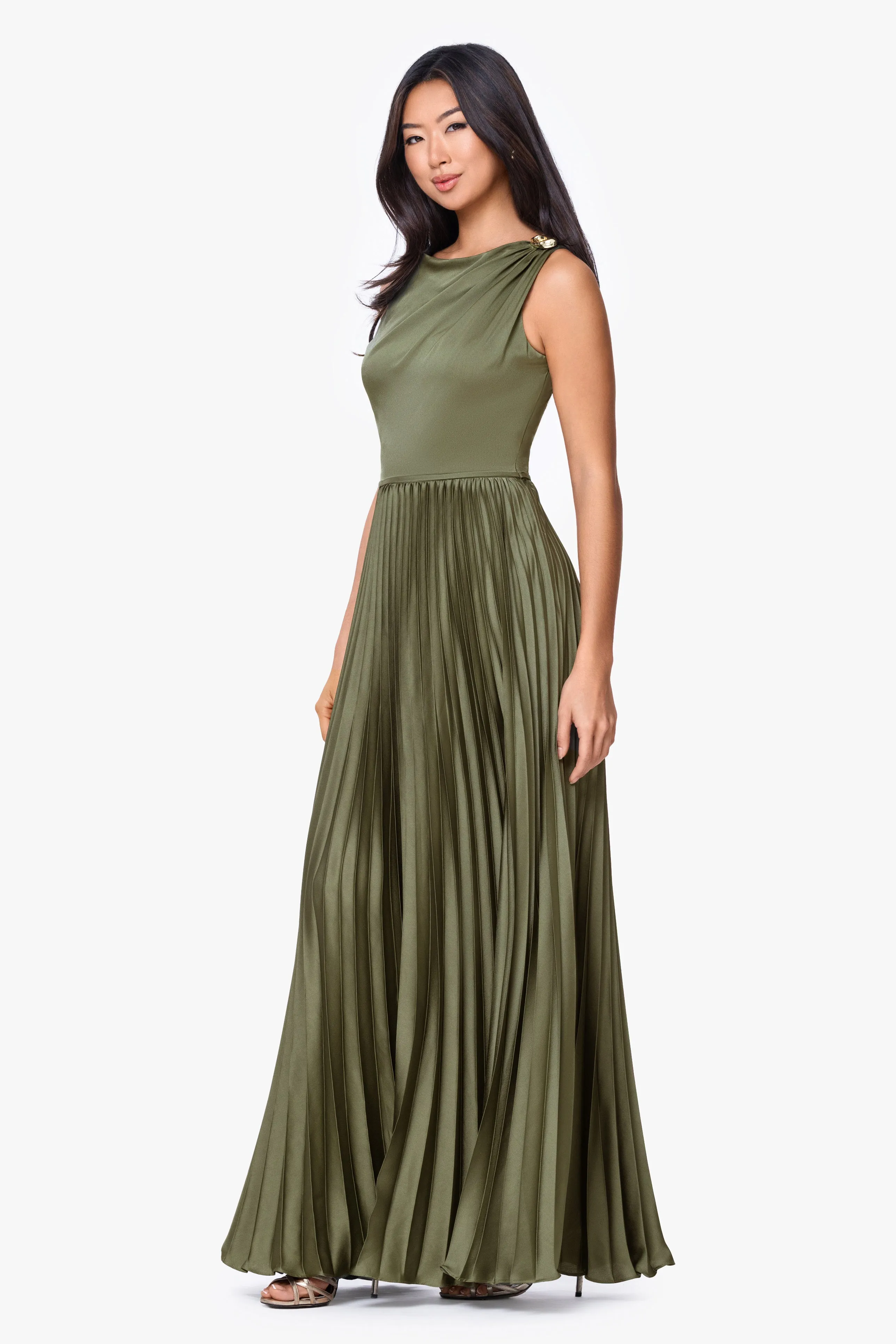 "Brielle" Stretch Charmeuse Pleated Trim Long Dress sold by Betsy & Adam product image thumbnail 4