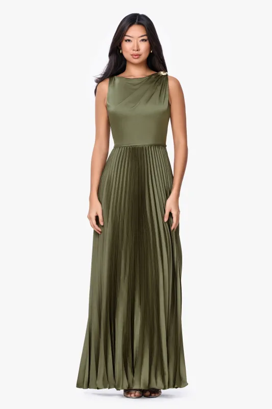 "Brielle" Stretch Charmeuse Pleated Trim Long Dress made by Betsy & Adam