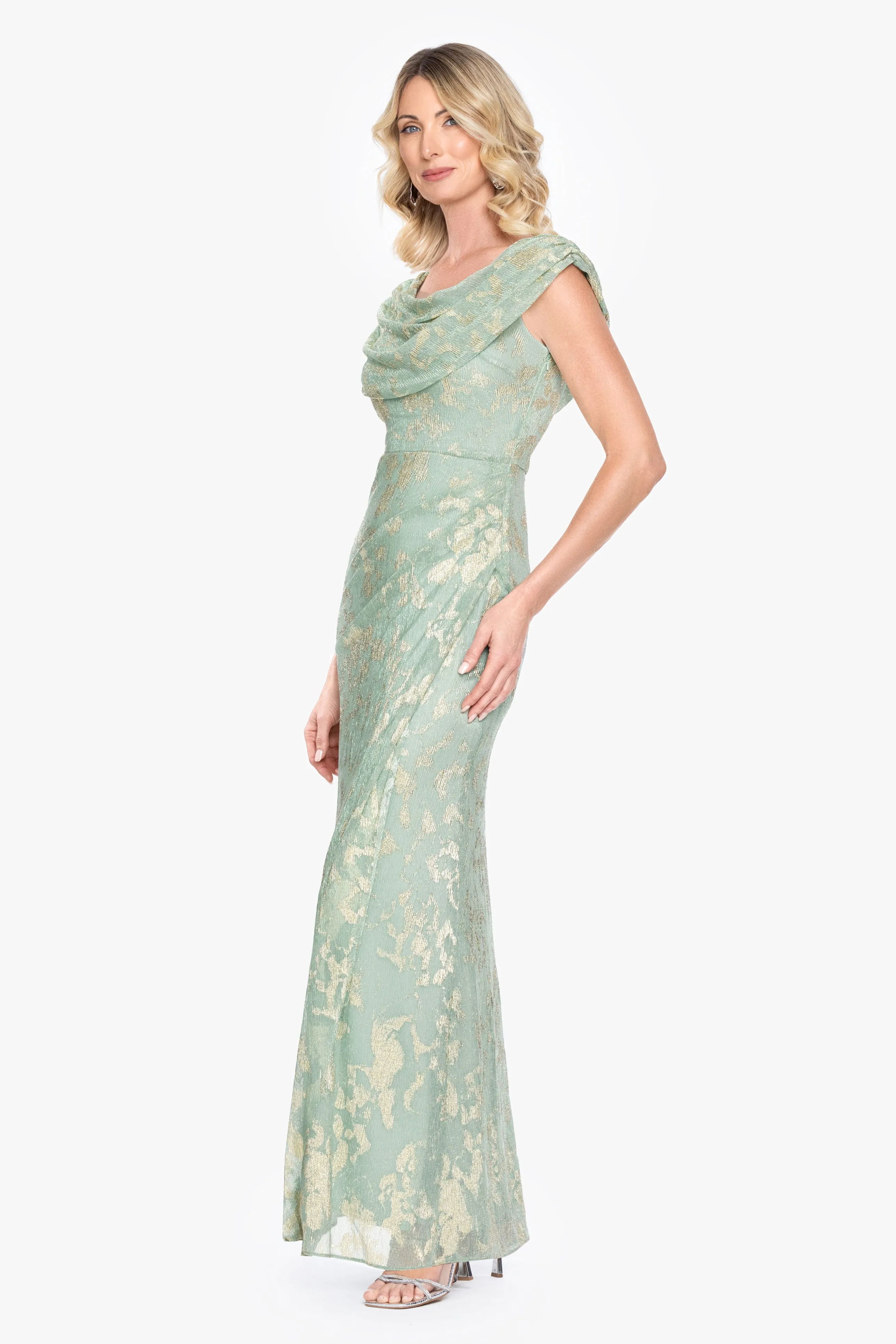 "Vivian" Foil Mesh Drape Neck Long Dress sold by Betsy & Adam product image thumbnail 4