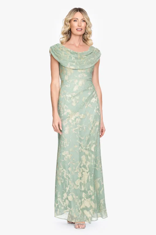 "Vivian" Foil Mesh Drape Neck Long Dress made by Betsy & Adam