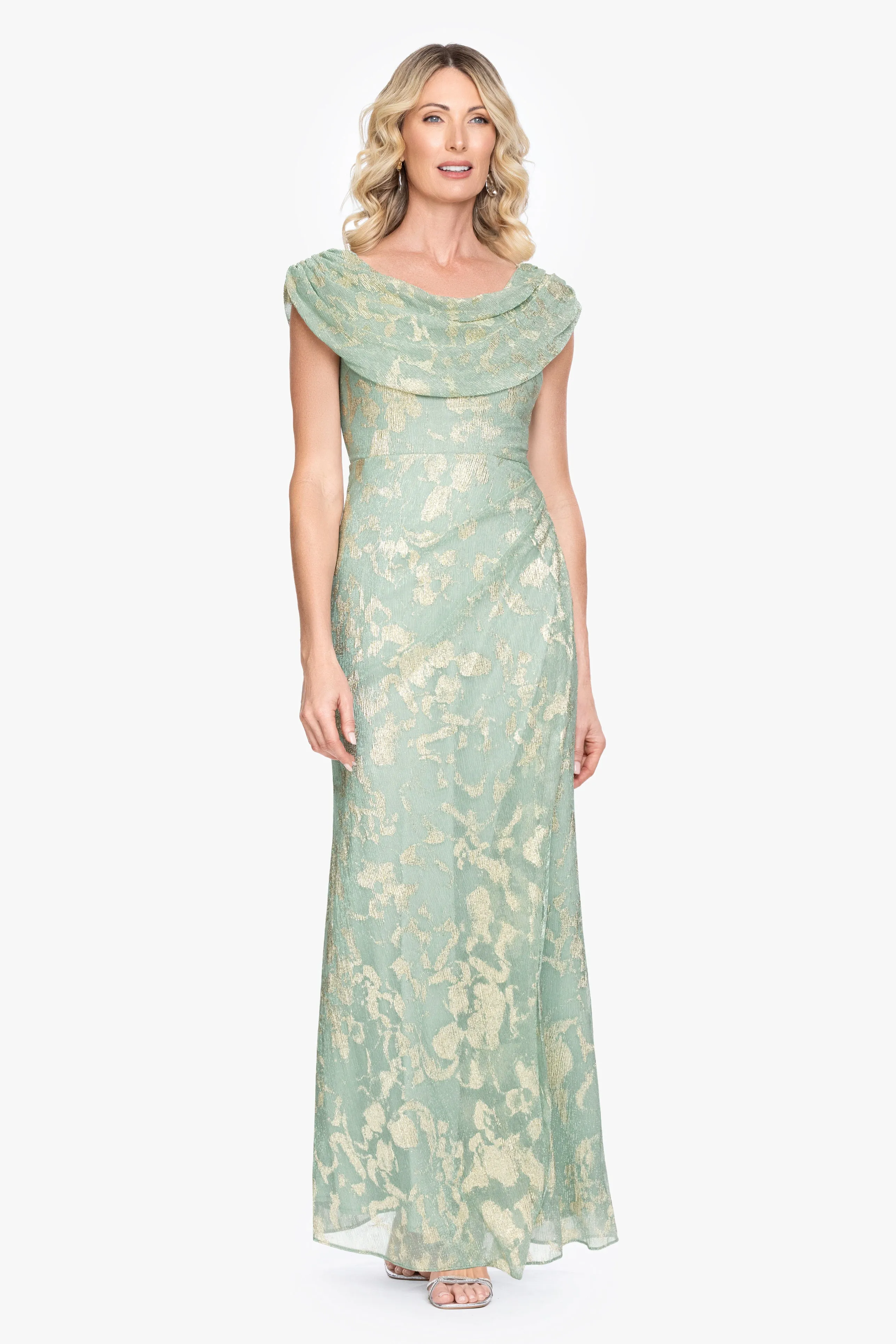 "Vivian" Foil Mesh Drape Neck Long Dress sold by Betsy & Adam