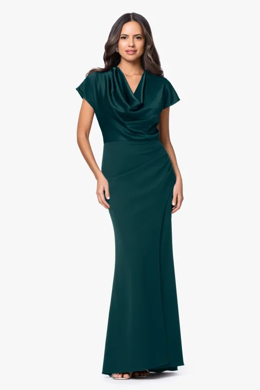 Petite "Rinna" Scuba Crepe and Satin Cowl Neck Floor Length Dress made by Betsy & Adam