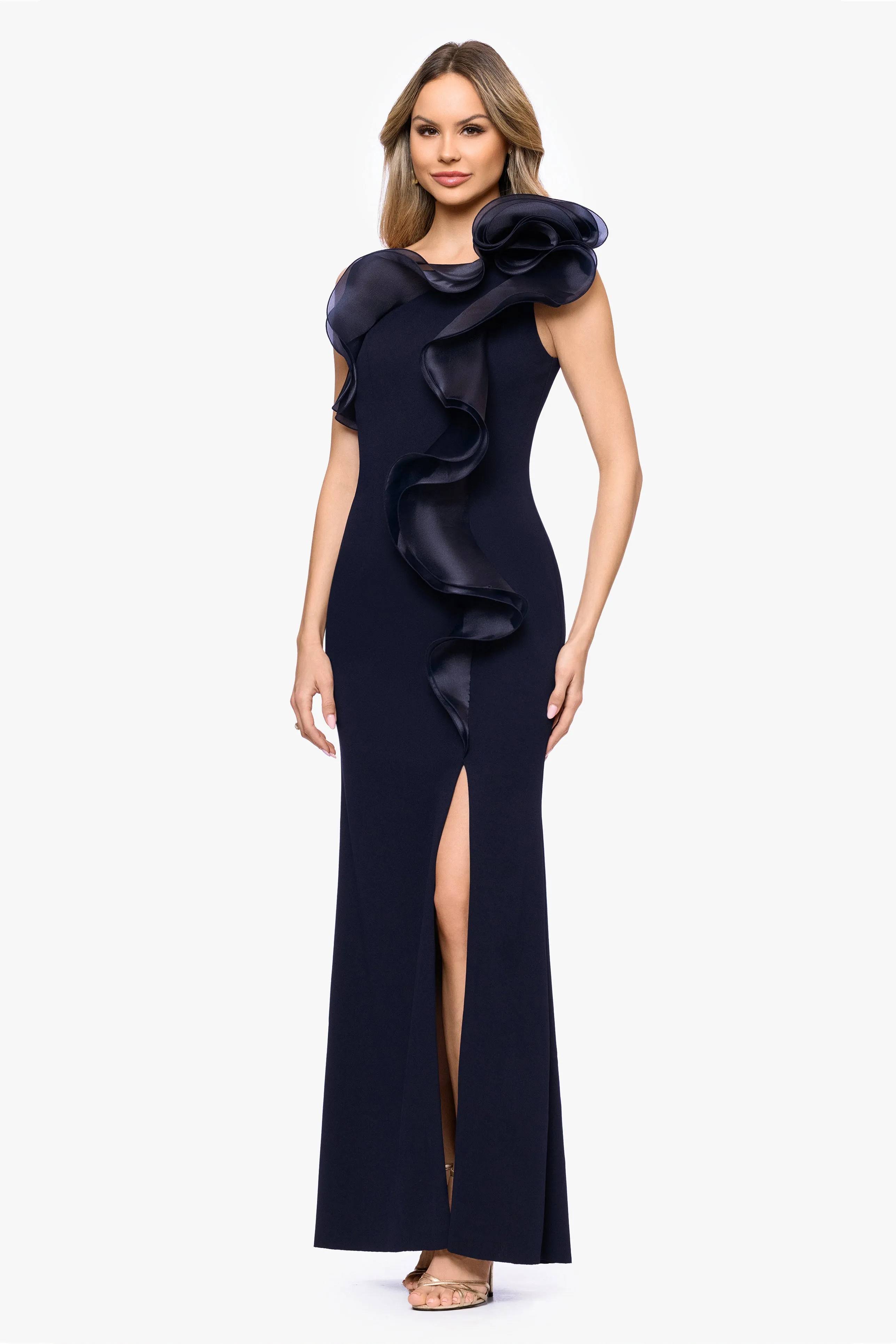 "Drea" Scuba Crepe Drop Shoulder Ruffle Floor Length Dress sold by Betsy & Adam product image thumbnail 4