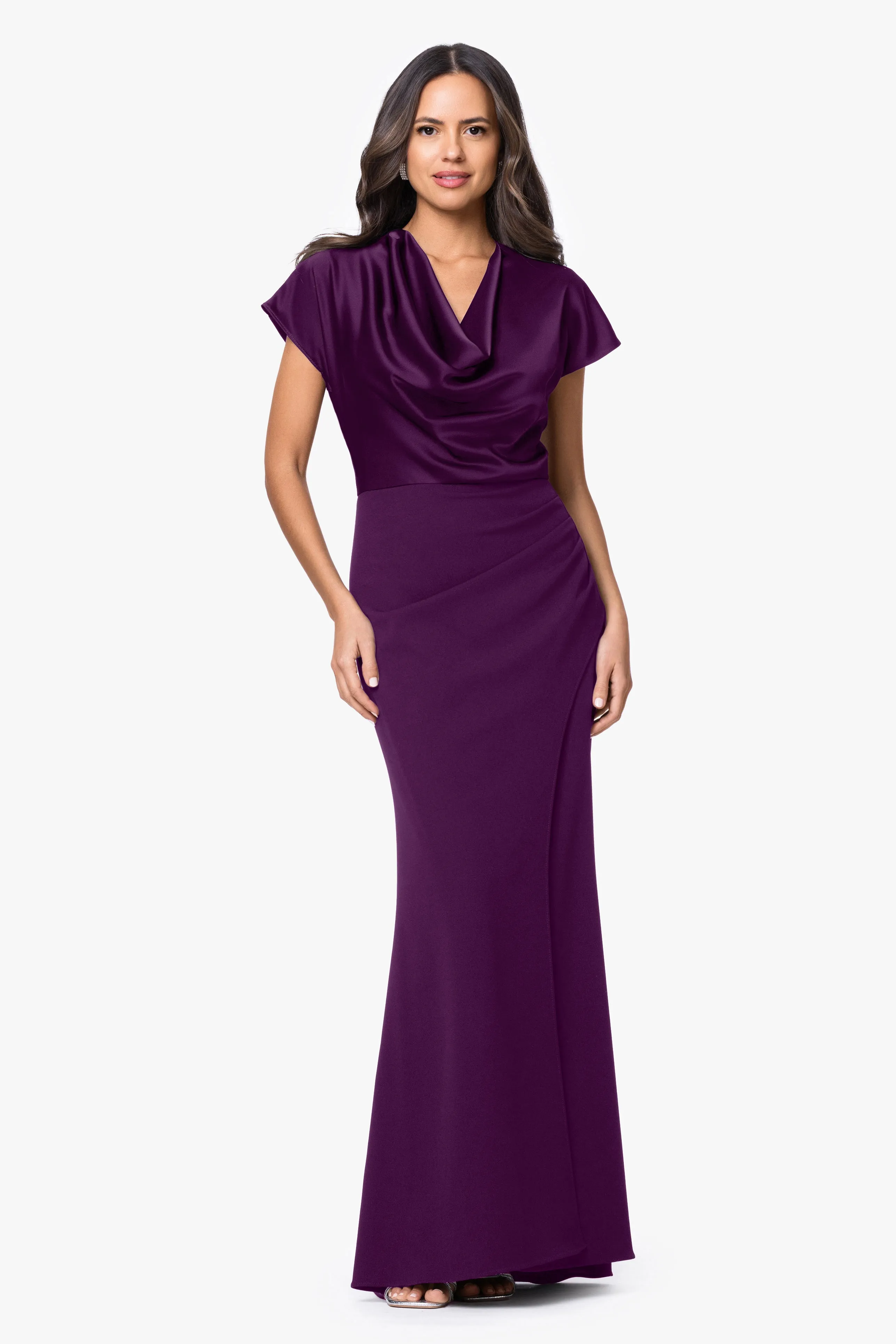 Petite "Rinna" Scuba Crepe and Satin Cowl Neck Floor Length Dress sold by Betsy & Adam