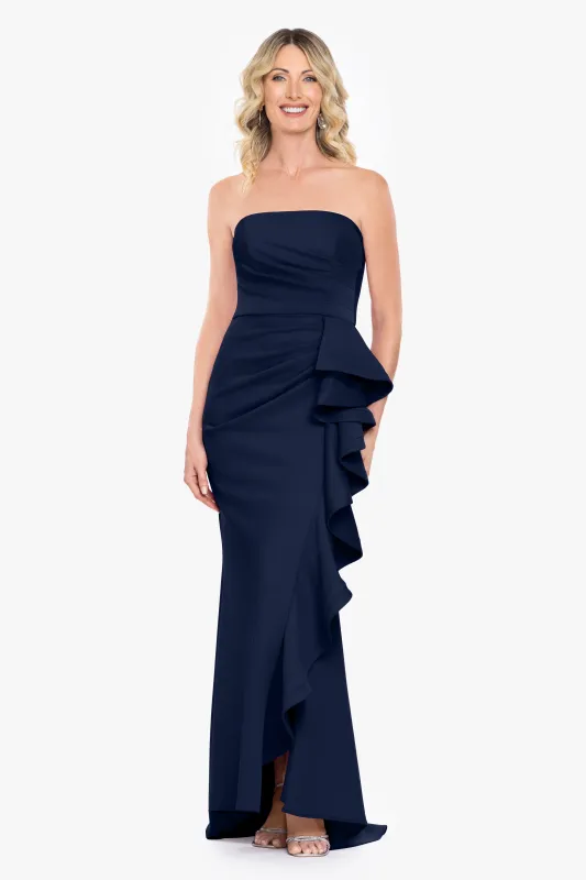 "Davina" Techno Scuba Strapless Ruffle Floor Length Dress made by Betsy & Adam