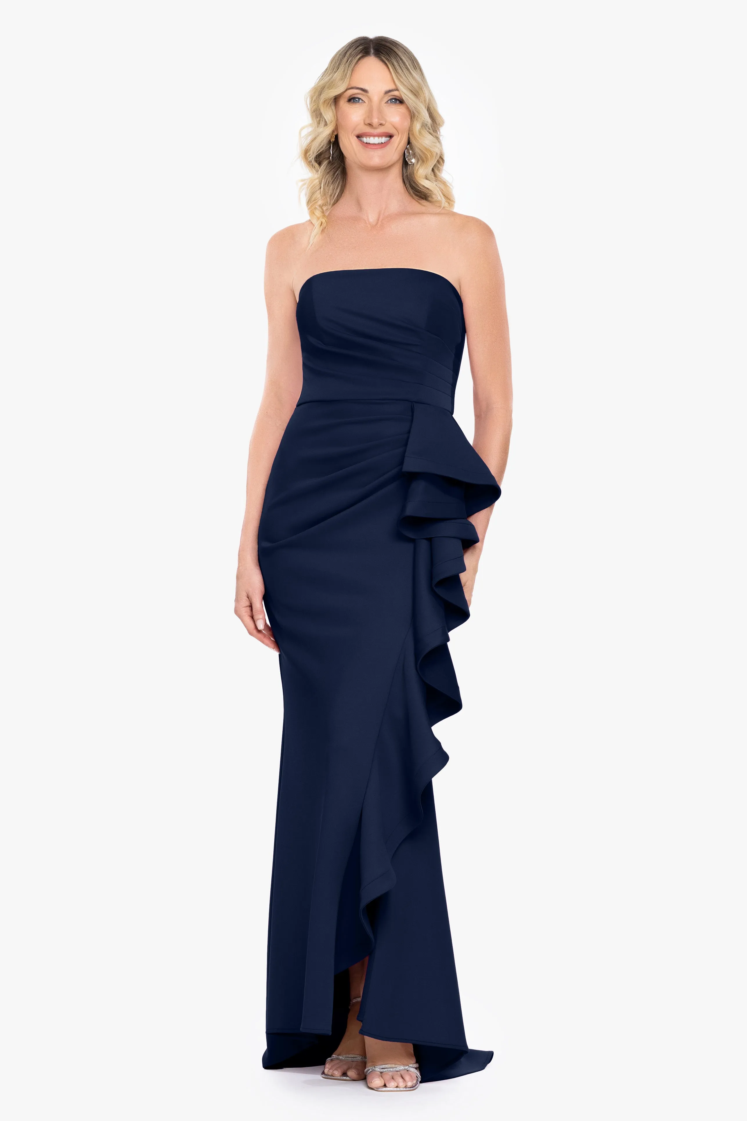"Davina" Techno Scuba Strapless Ruffle Floor Length Dress sold by Betsy & Adam