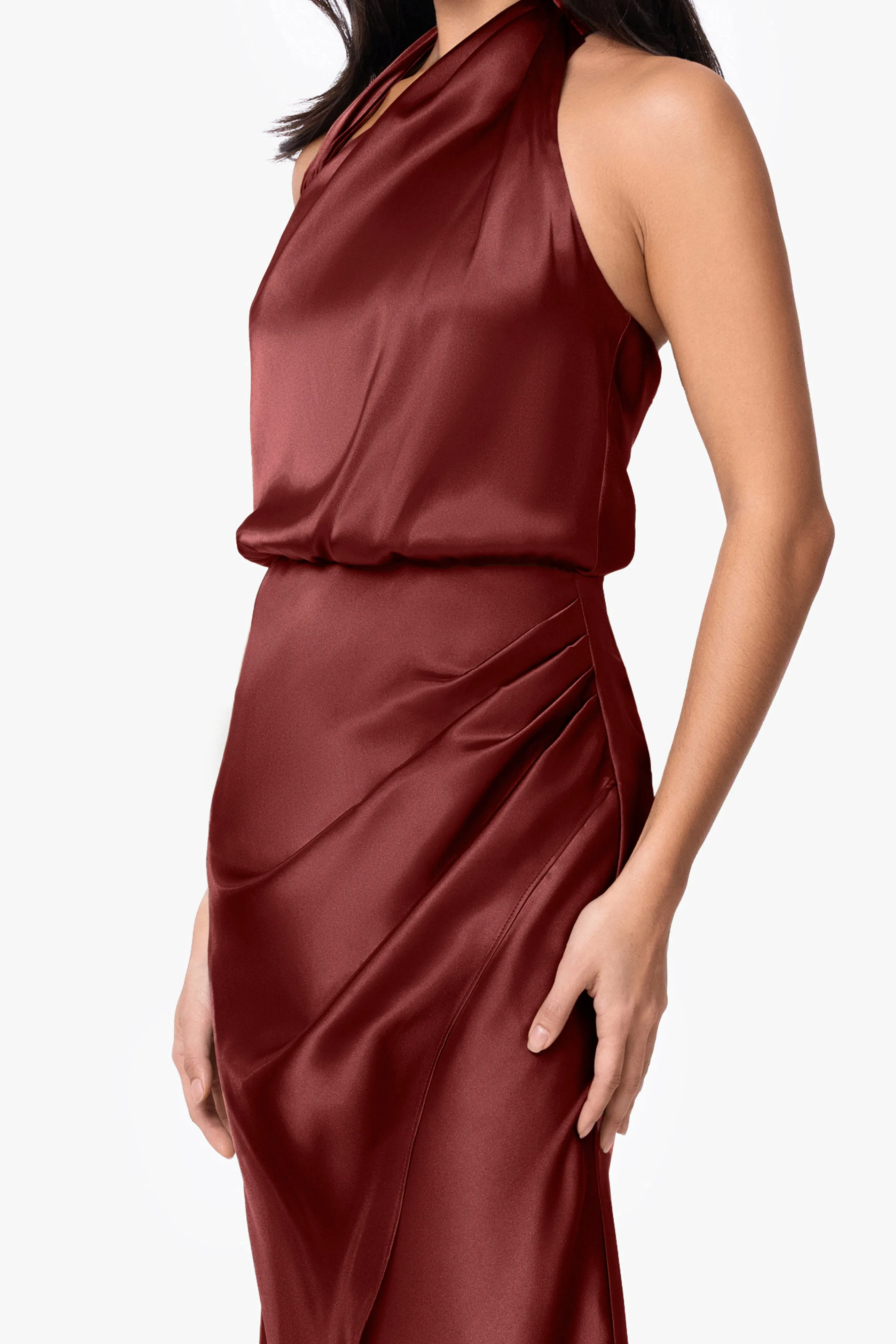 "Lara" Charmeuse Halter Rouche Long Dress sold by Betsy & Adam product image thumbnail 2